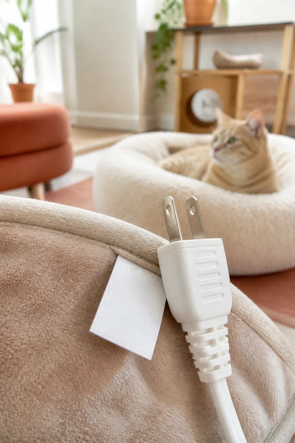 Fabric label on a heating pad showing its wattage rating, held beside its plug