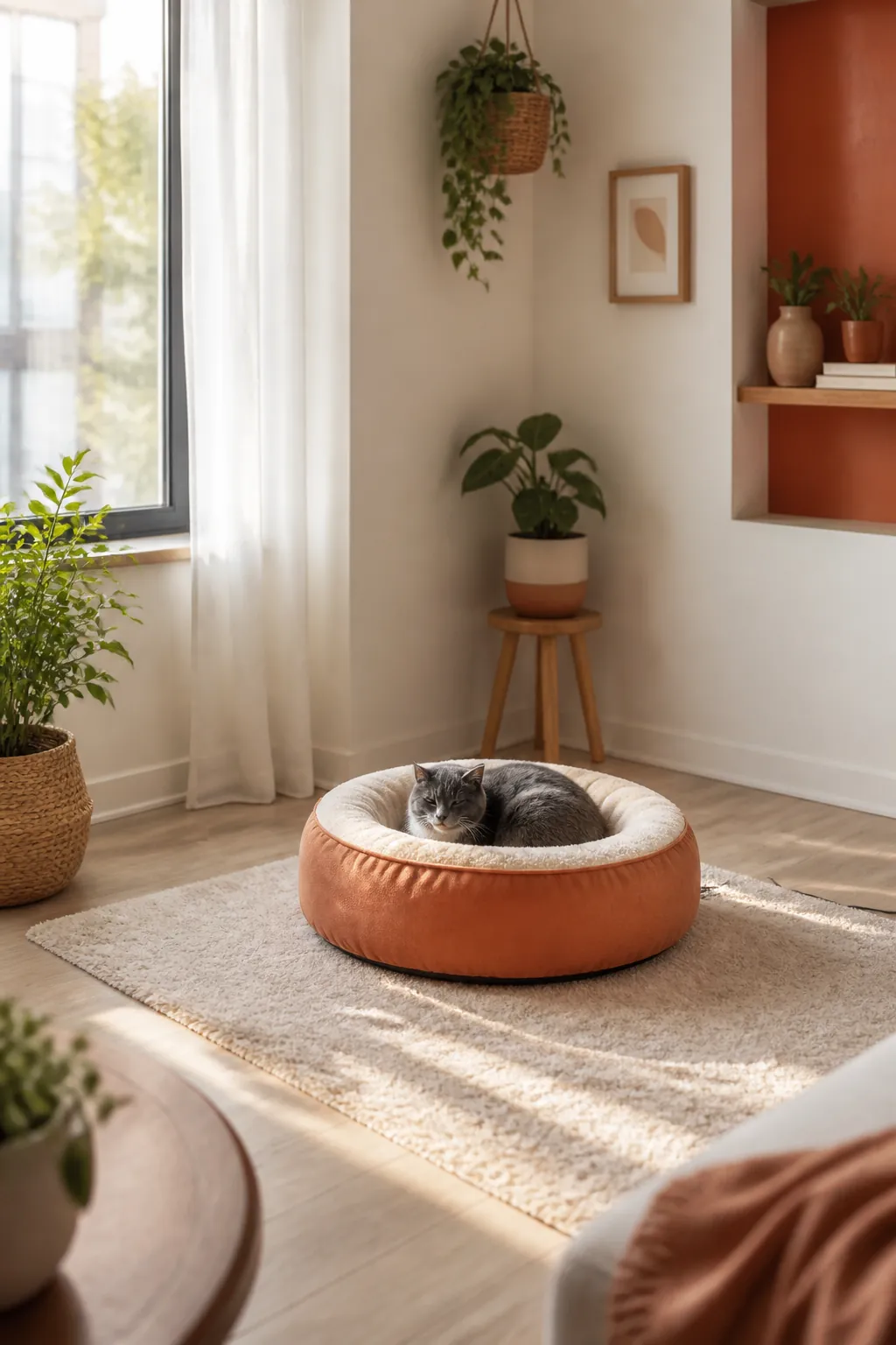 Heated cat bed positioned a short distance out from a cold exterior wall corner