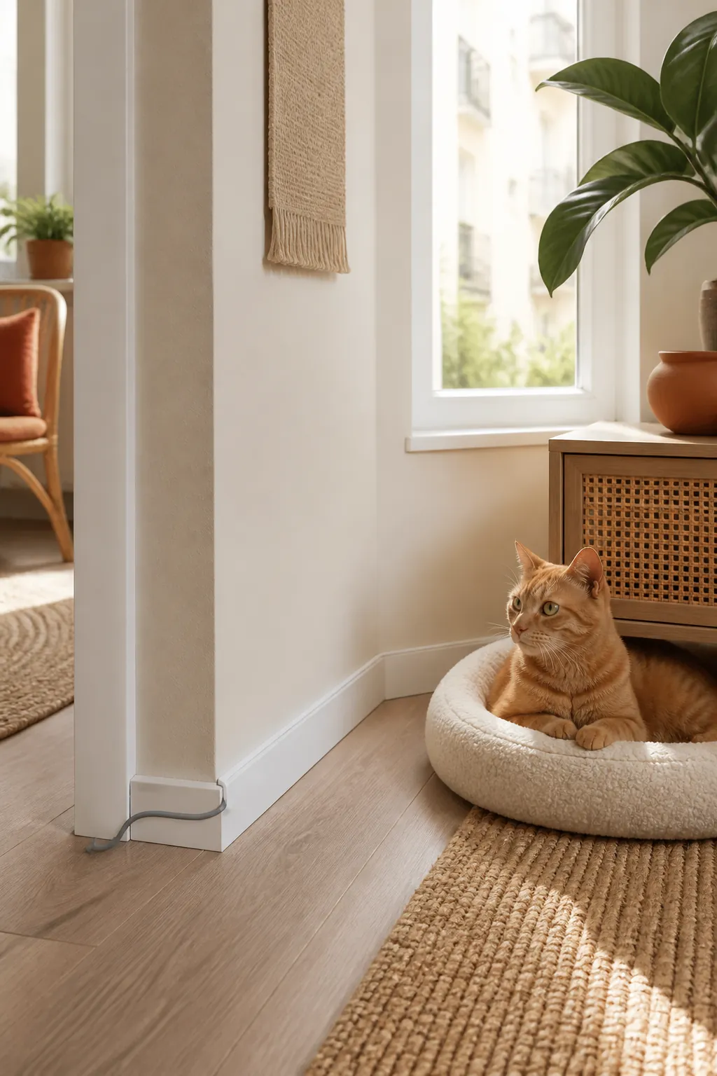 Power cord running along a baseboard, tucked under a flat adhesive cord cover