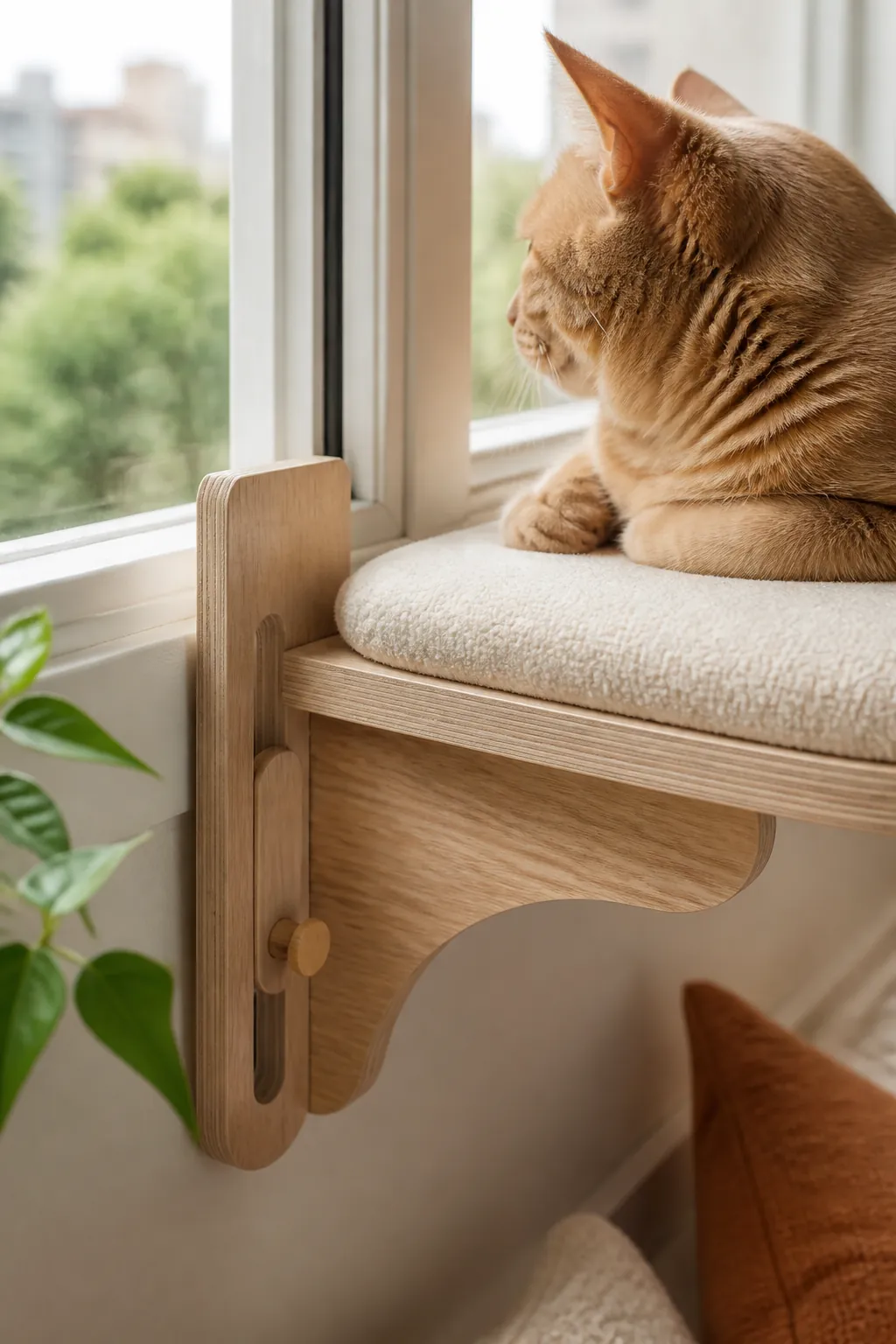 Cushioned windowsill perch fitted to a sunny apartment window with a cat resting on it