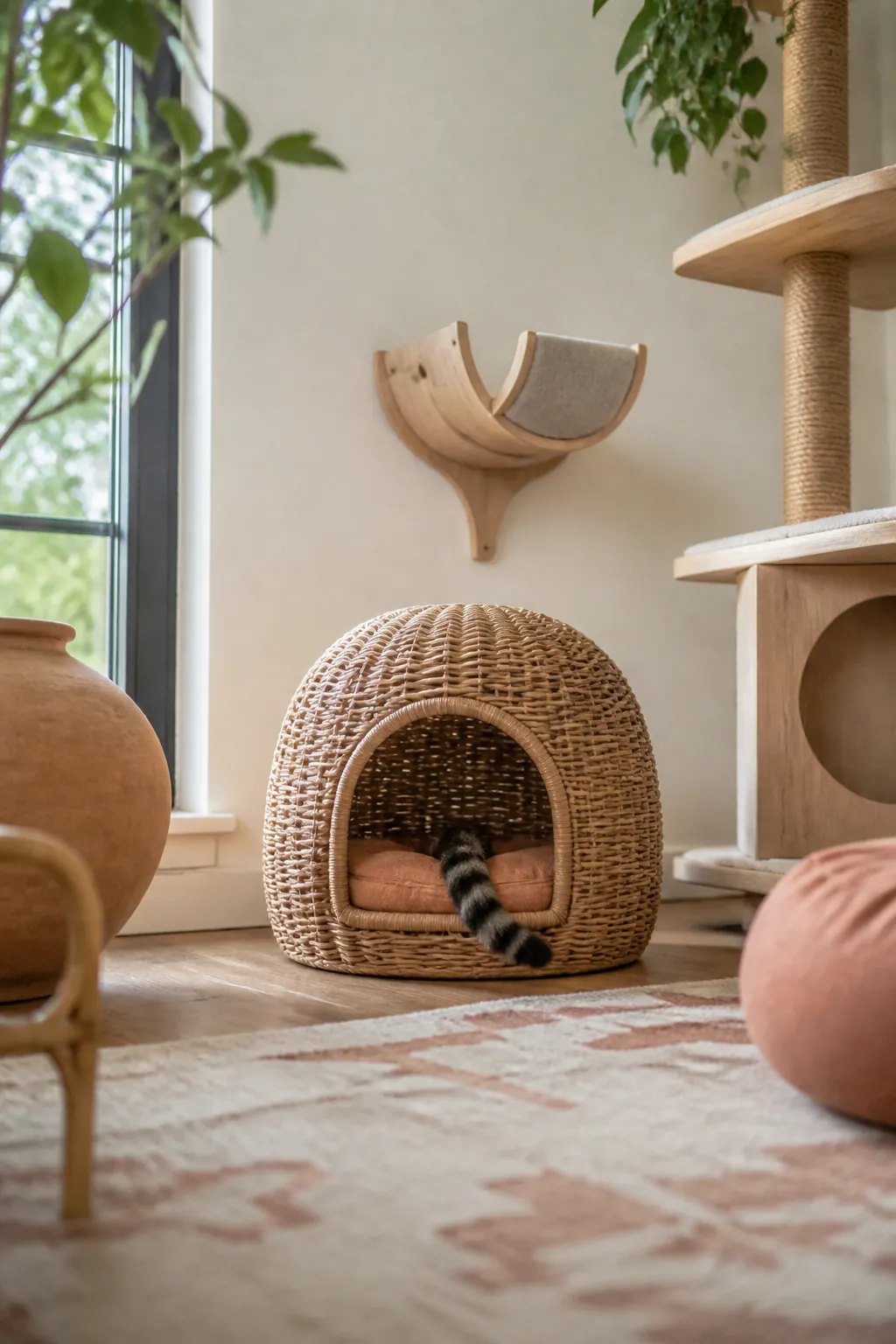 Woven rattan cat den with a cat curled fully inside, only its tail visible