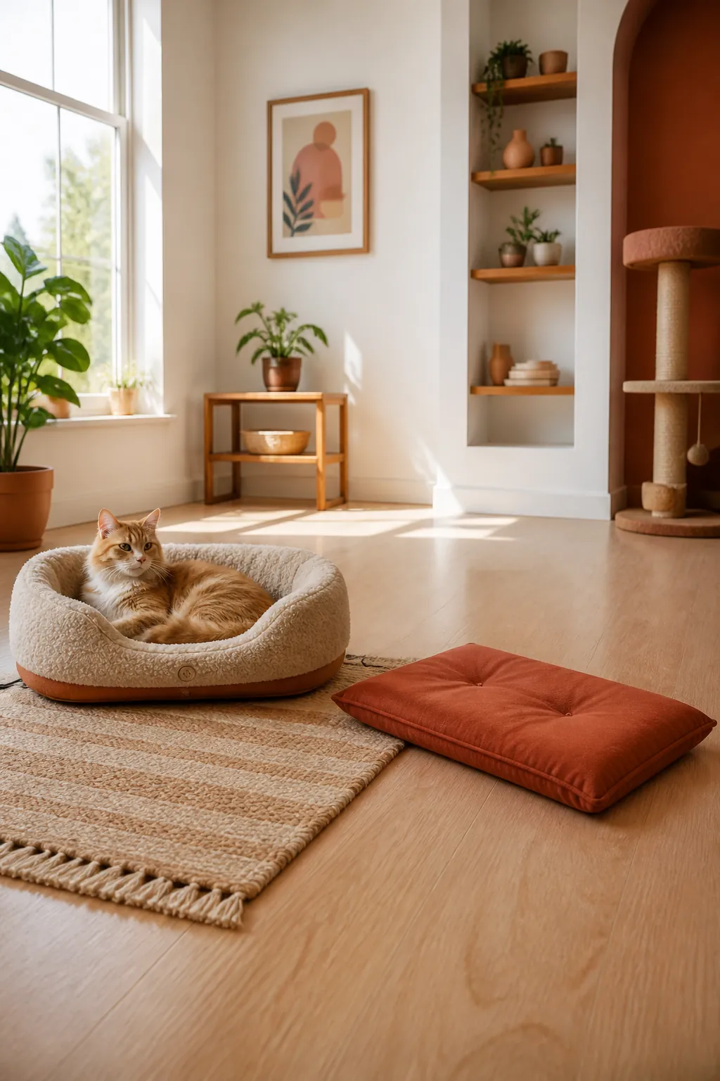 Heated bed and a plain unheated cushion positioned a few feet apart on the floor