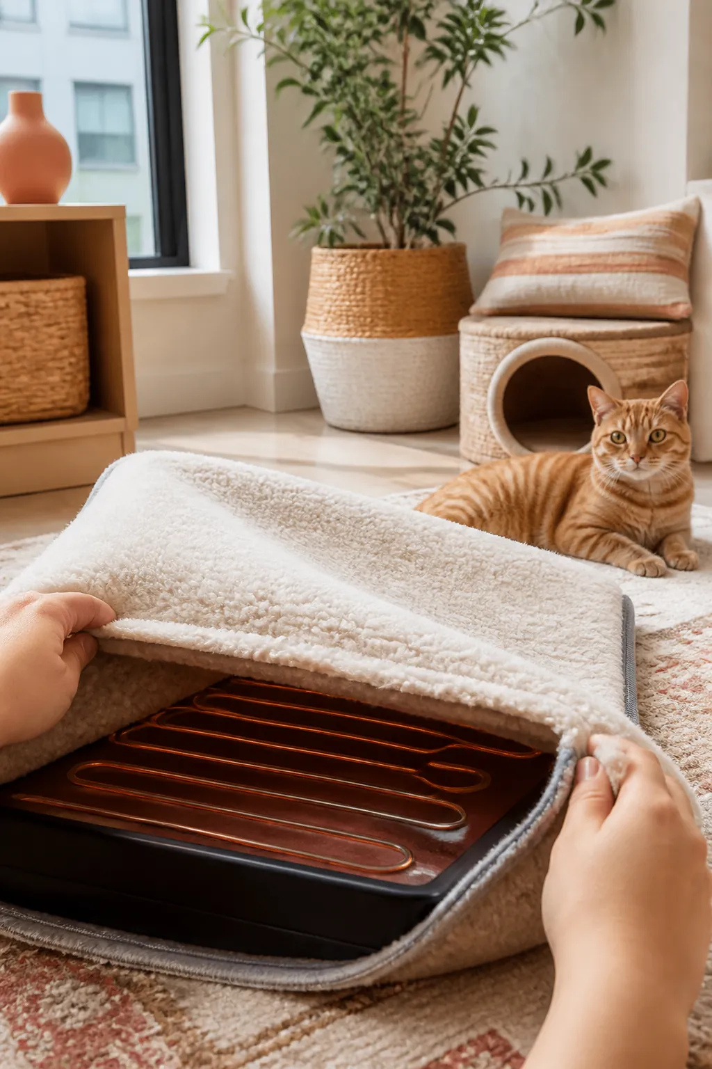 Removable fleece cover being pulled off a heated bed, its base visible underneath