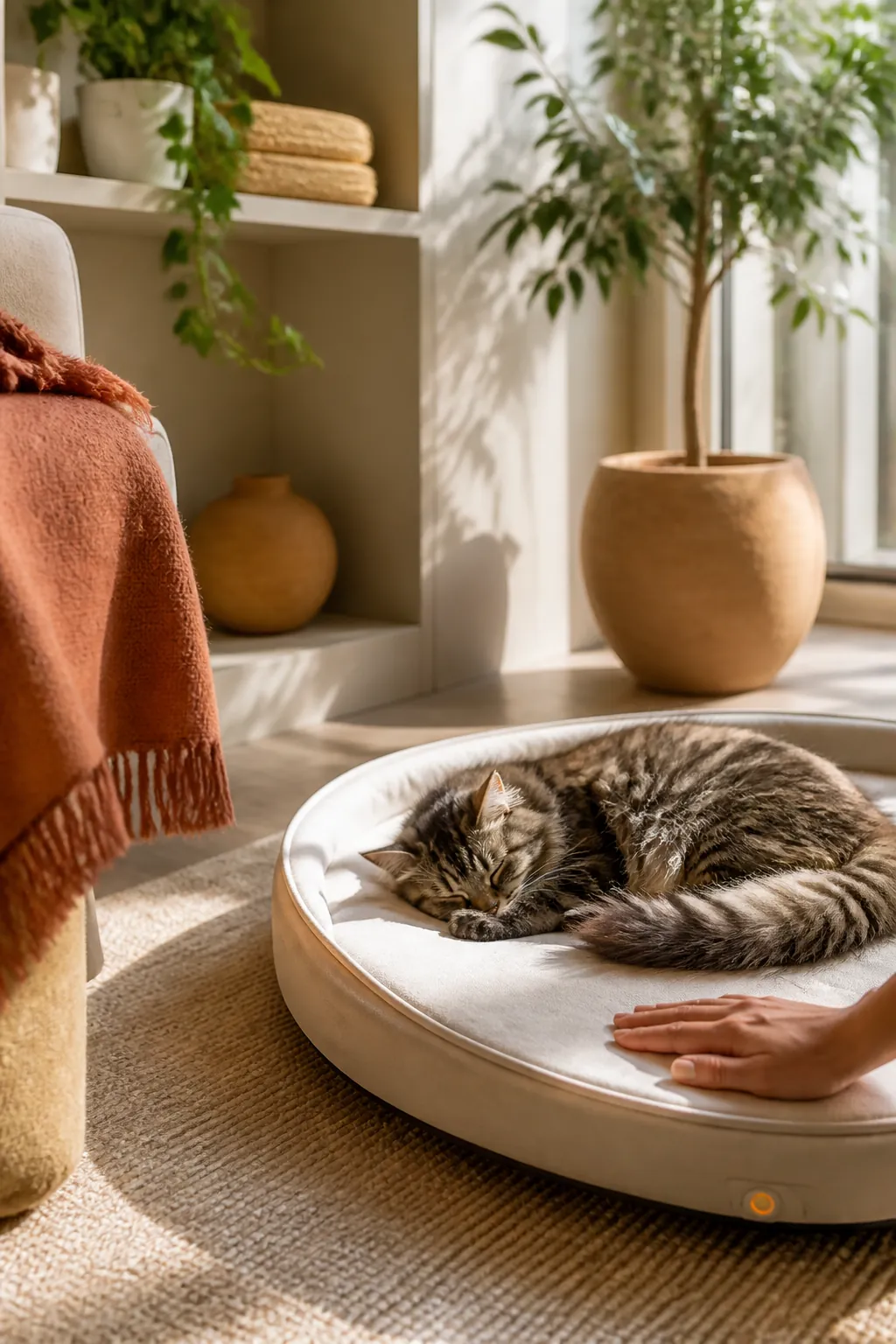 Hand held flat against the surface of a heated cat bed checking its temperature