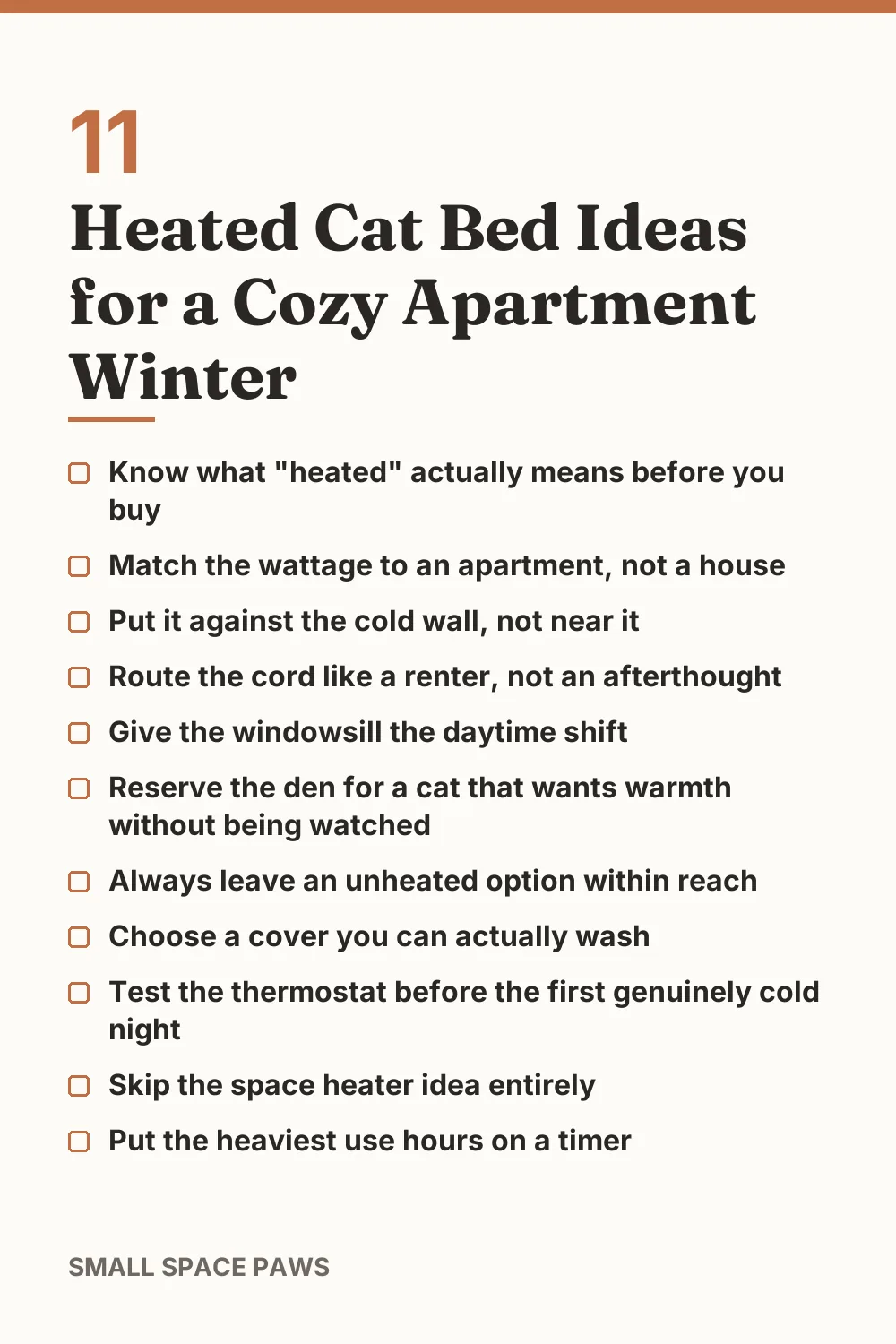 Checklist of every idea in 11 Heated Cat Bed Ideas for a Cozy Apartment Winter