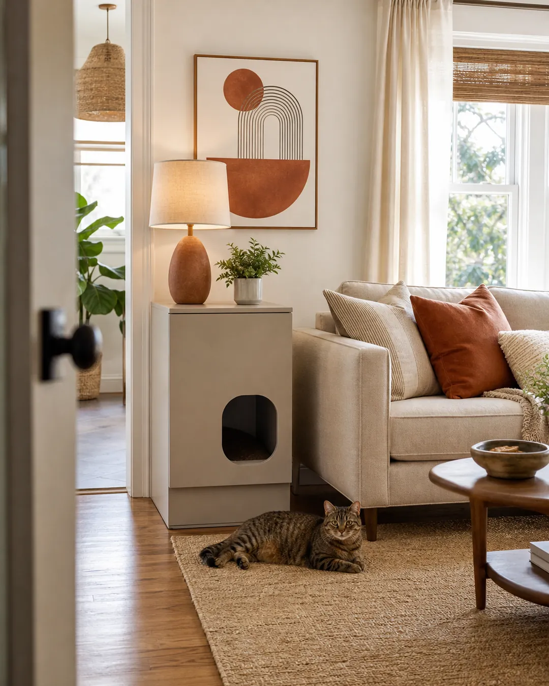 Litter enclosure at nightstand height beside a sofa arm with a lamp on top