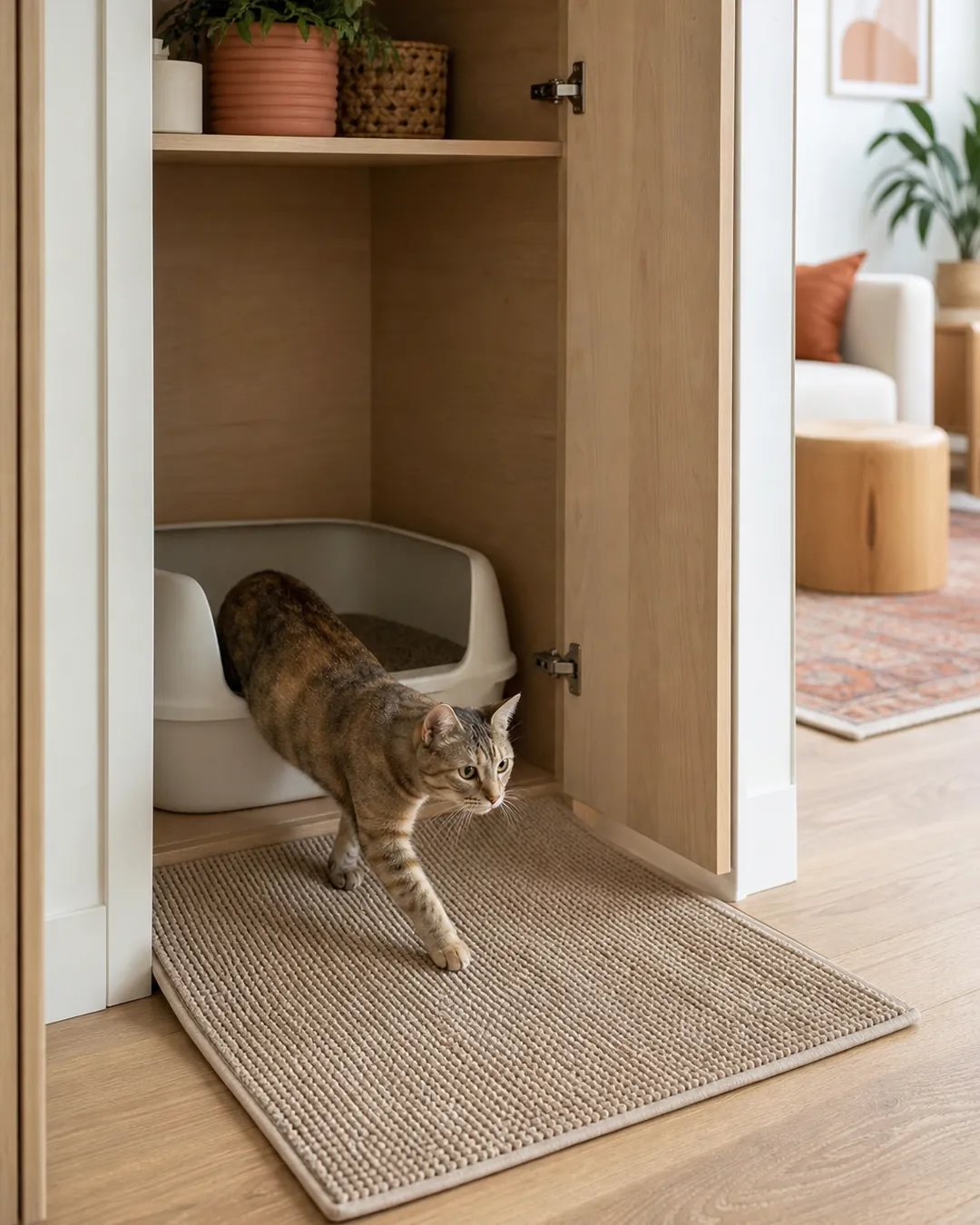 Small mat on a cabinet floor filling the gap between box and doorway