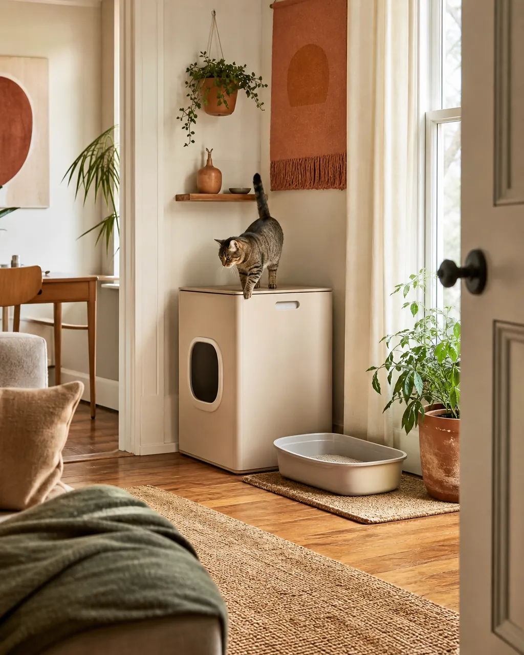Cat stepping onto the top of a litter cabinet beside a low ceramic tray