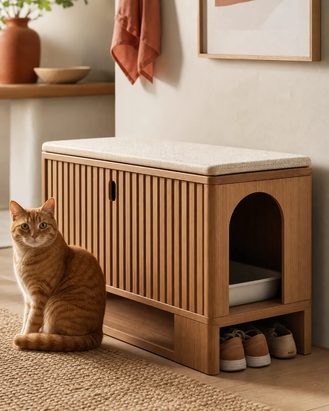 Bench-style litter enclosure in an entryway with shoes tucked beneath it