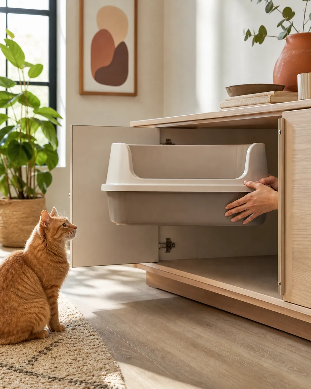 Litter box held against a cabinet interior to compare the two widths