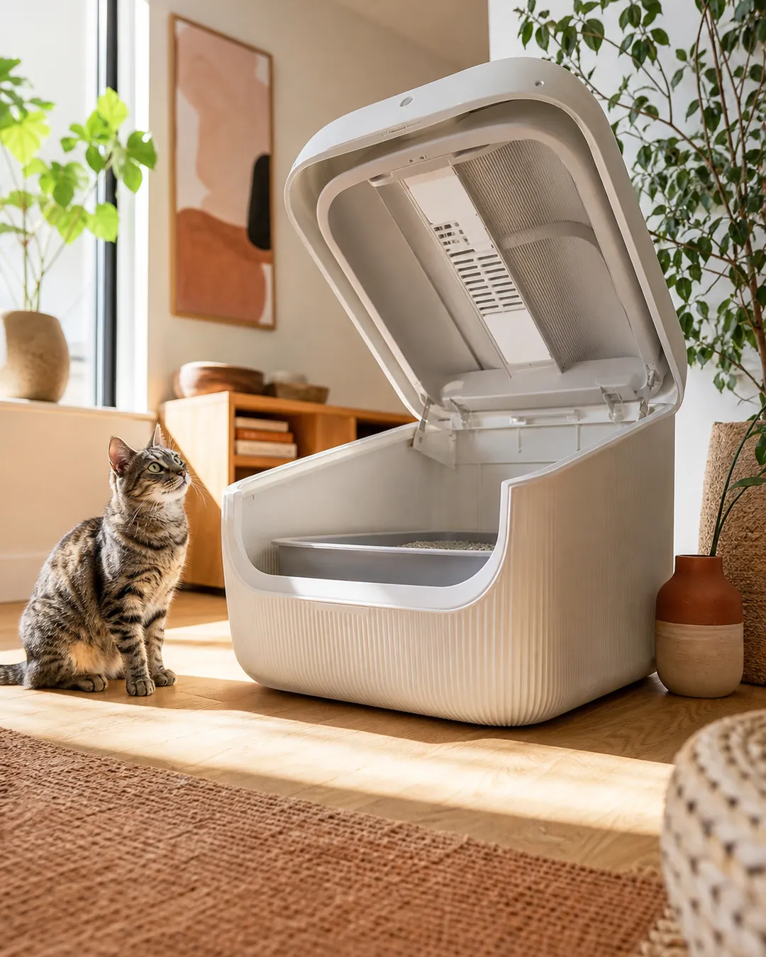 Lift-up top of a litter cabinet propped open with the box visible inside