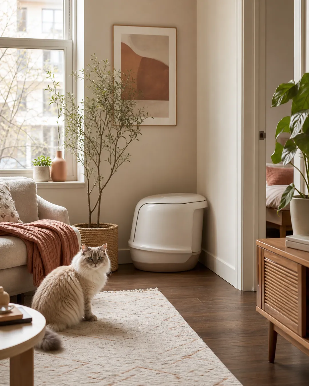 Litter cabinet positioned with its opening facing a corner, not the room