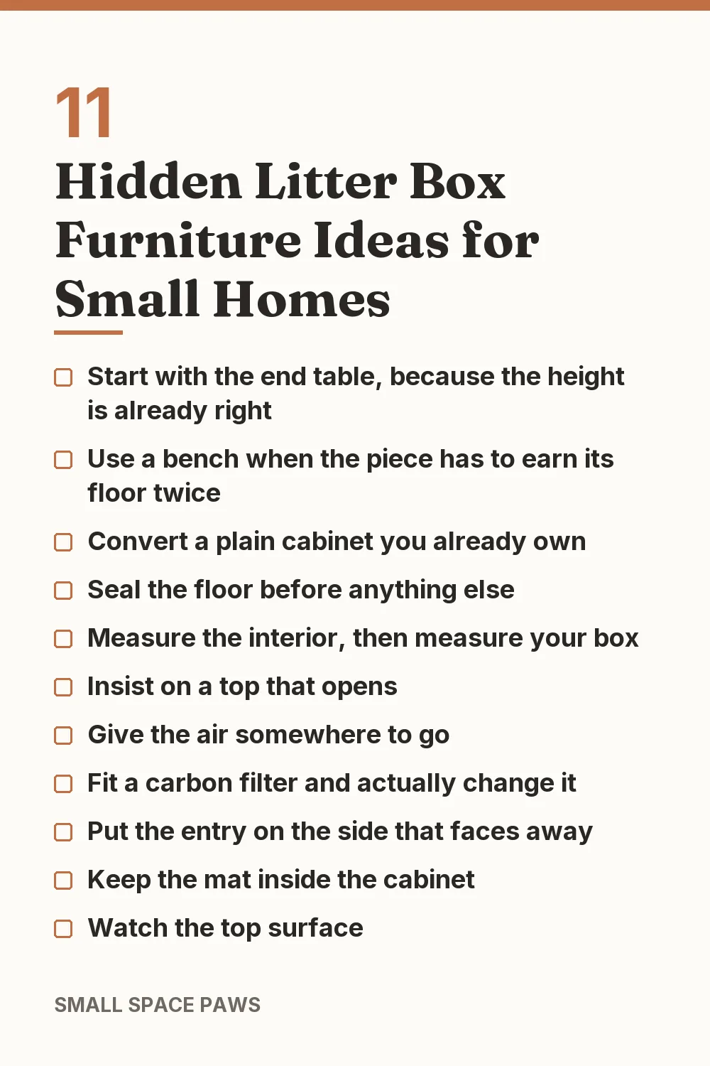 Checklist of every idea in 11 Hidden Litter Box Furniture Ideas for Small Homes