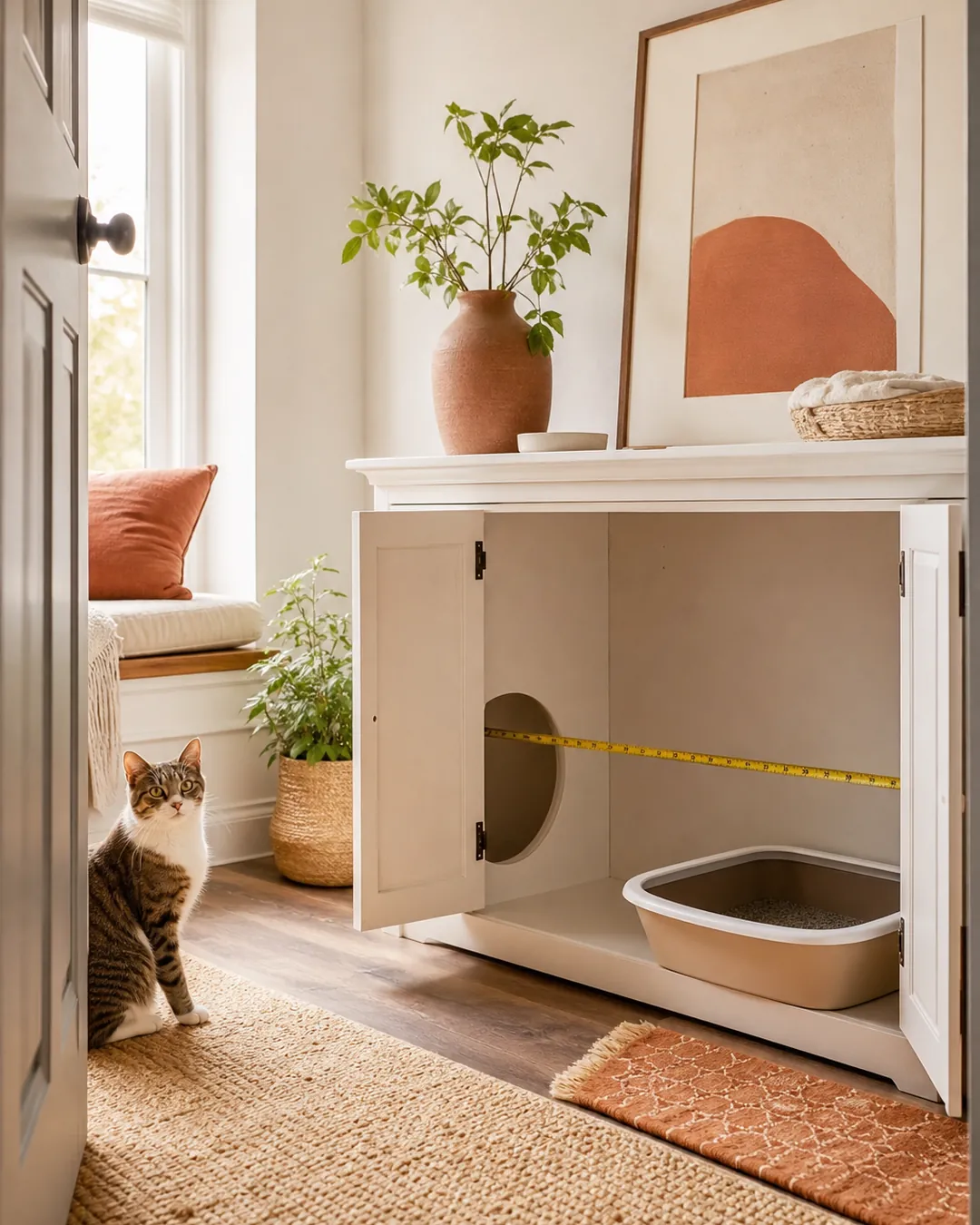 Tape measure stretched across the inside of an open litter cabinet