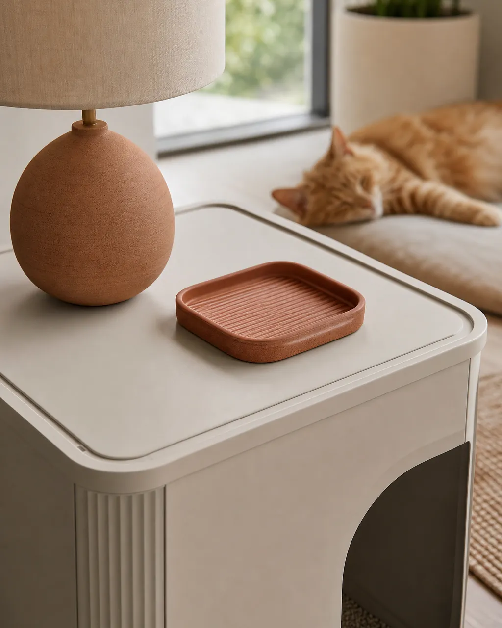 Top of a litter cabinet holding only a lamp and a small shallow tray