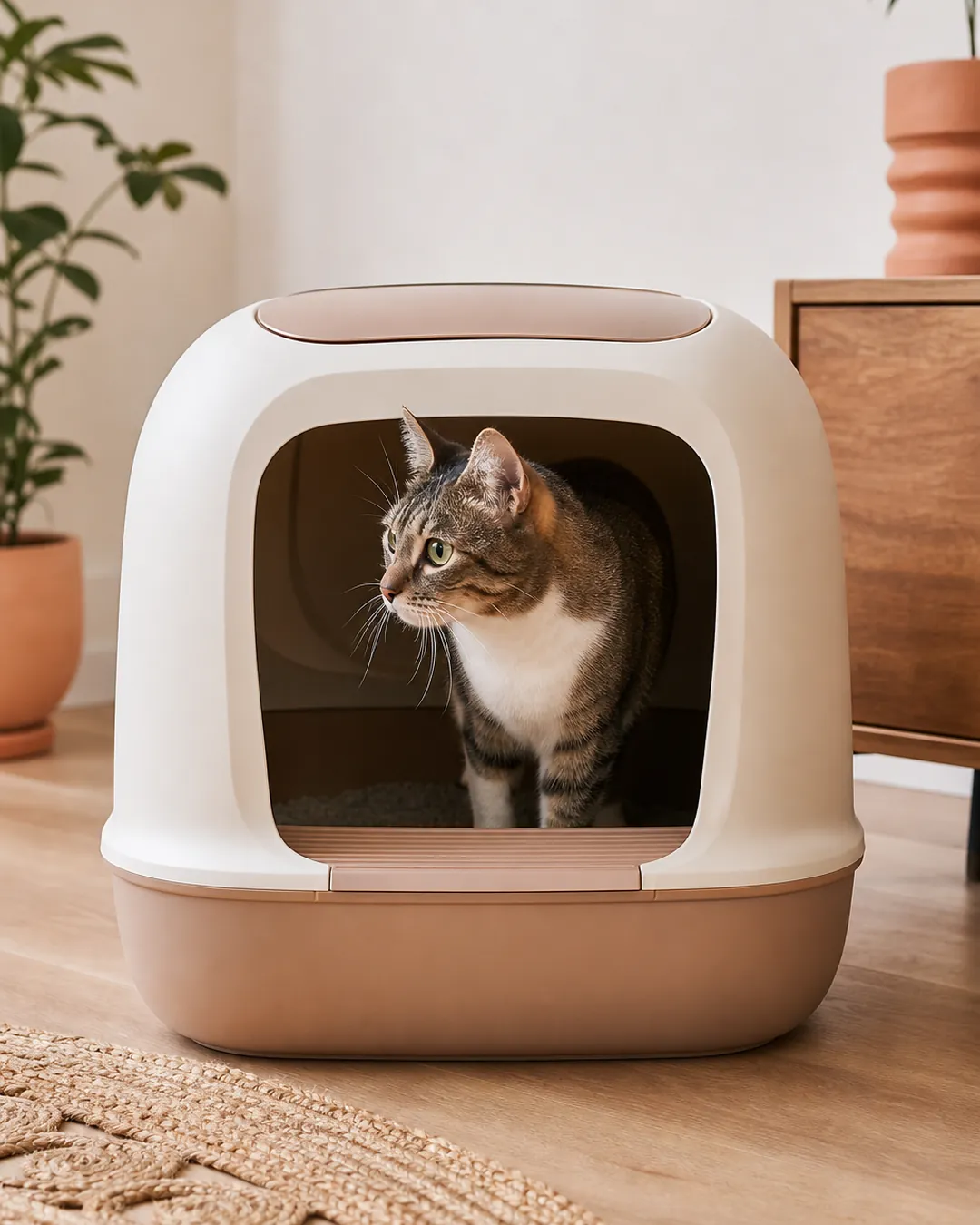 Cat standing inside a litter enclosure with clear space either side of it