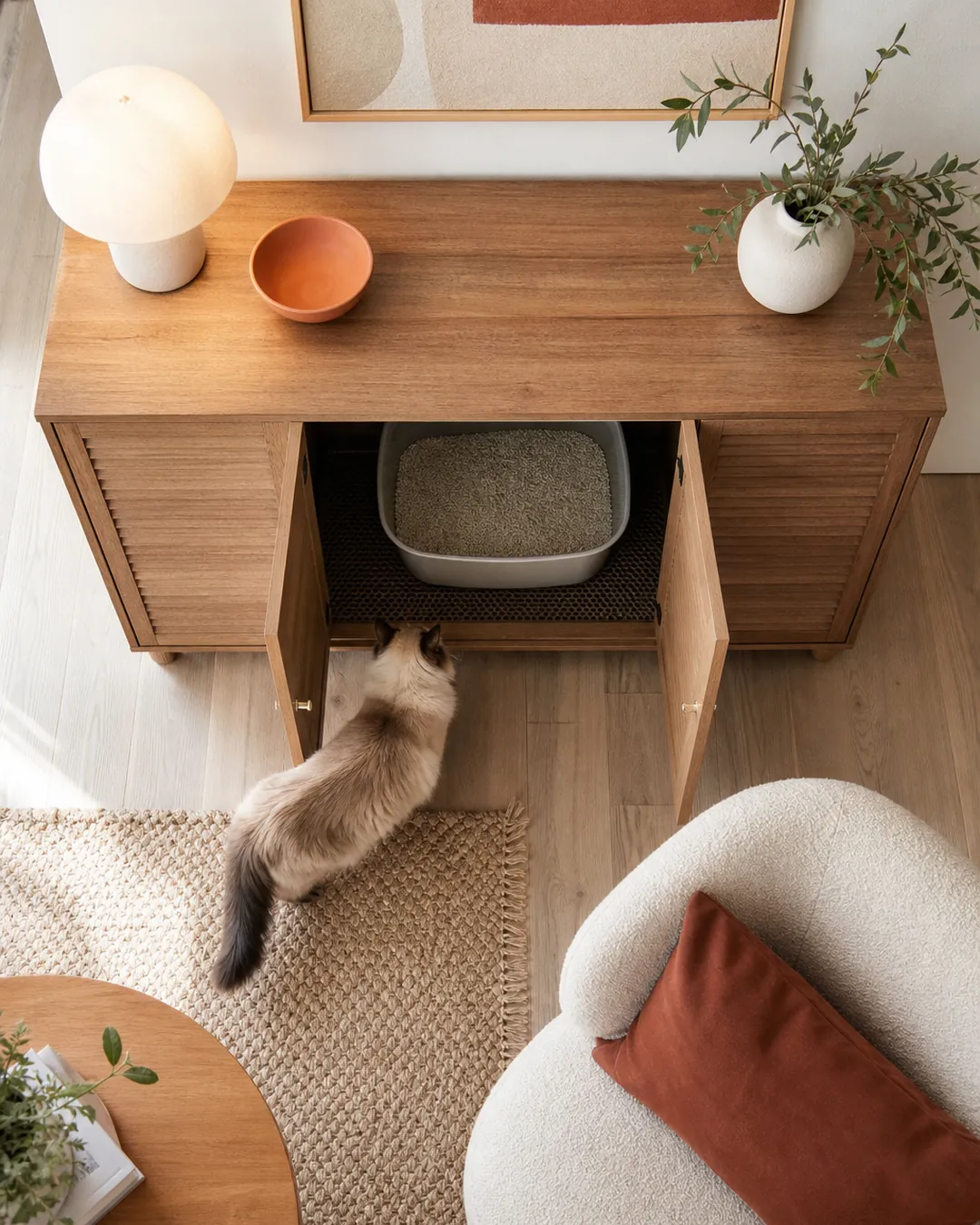 Wooden litter cabinet styled as a sideboard with a lamp and bowl on top