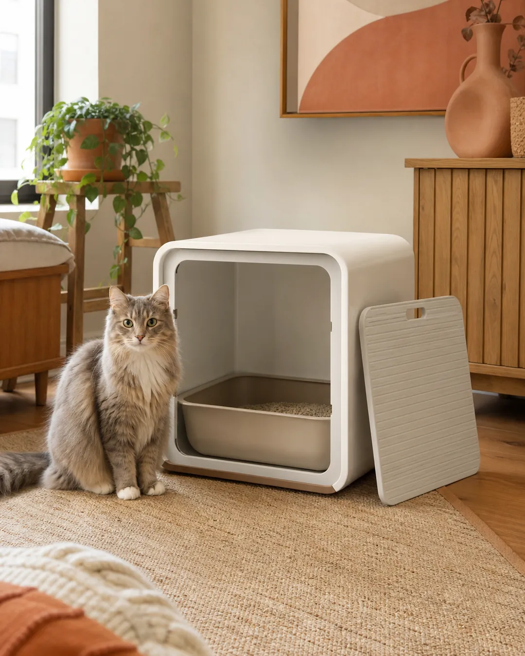 Litter cabinet with its entry panel removed and resting on the floor beside