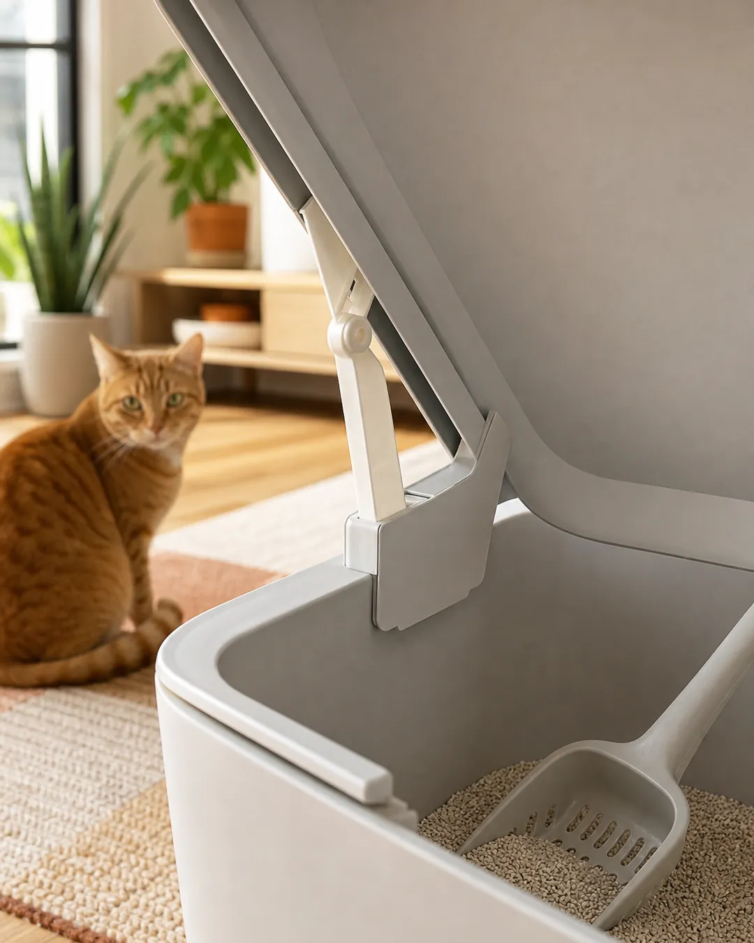 Litter cabinet with its hinged top lifted fully open and a scoop inside