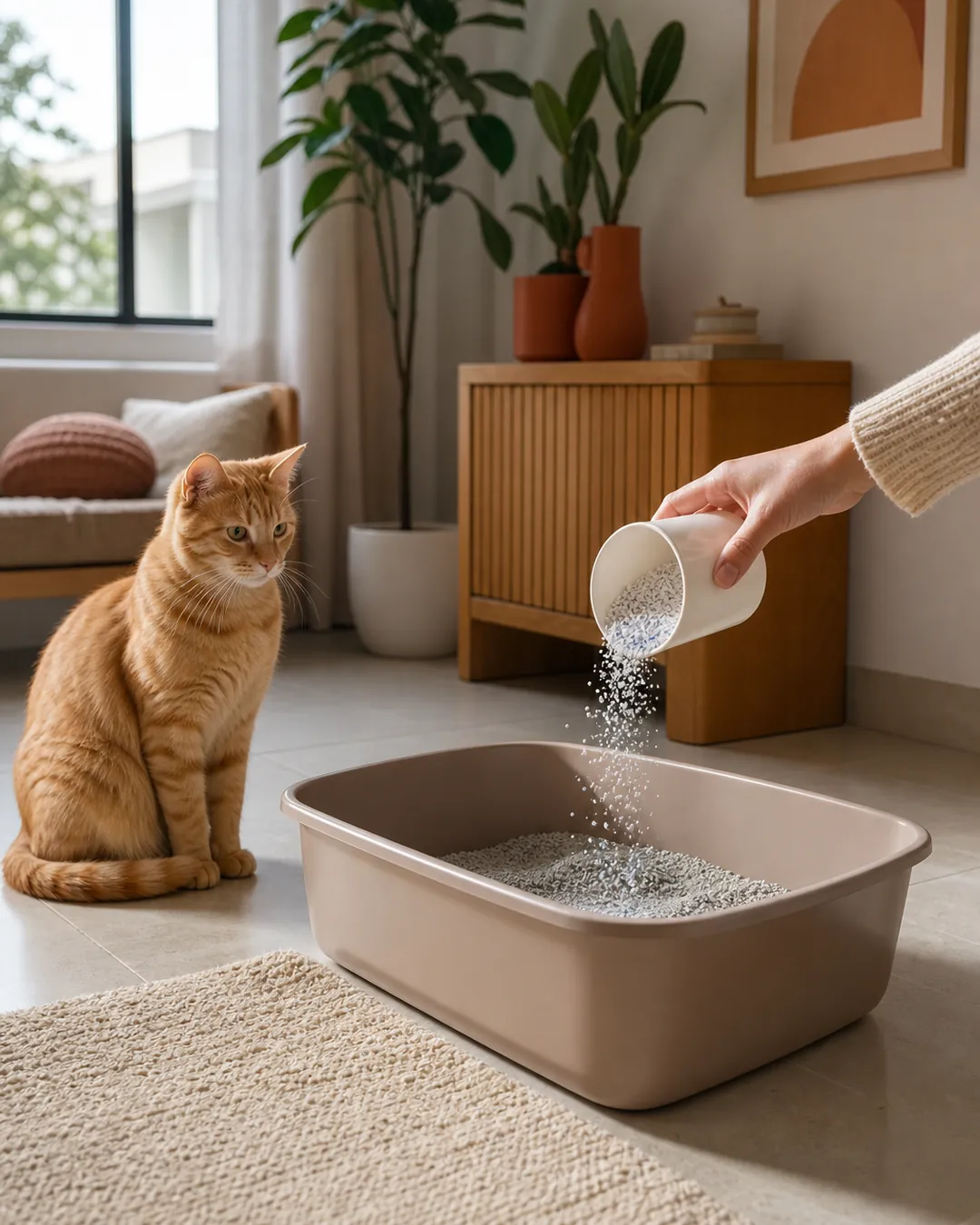 Deodorizer granules sprinkled over fresh litter inside an open box