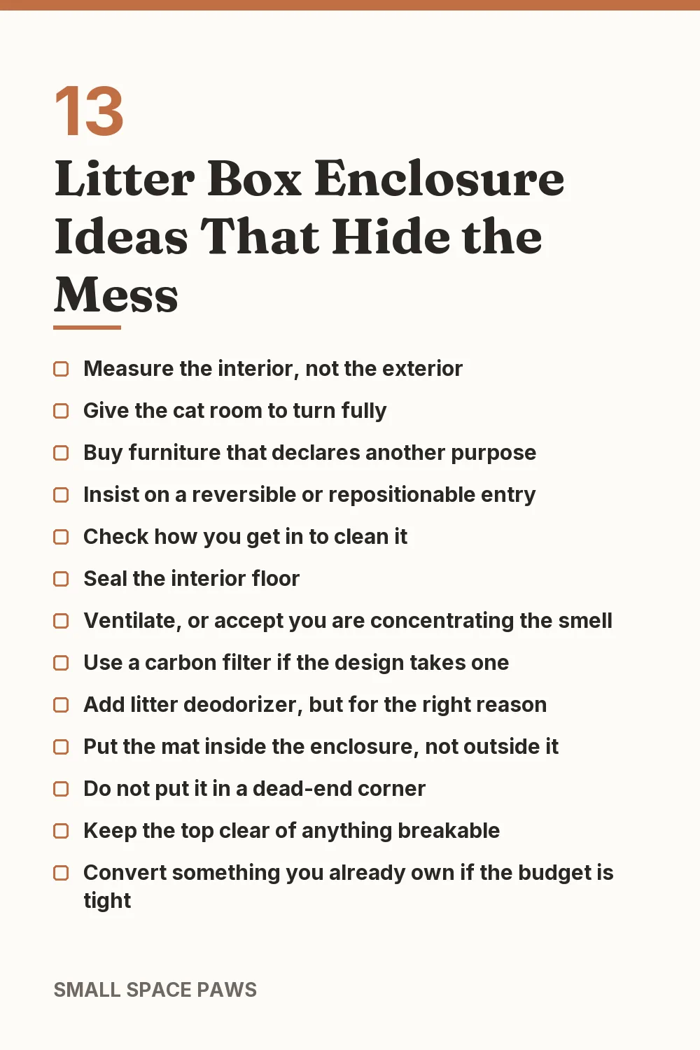 Checklist of every idea in 13 Litter Box Enclosure Ideas That Hide the Mess