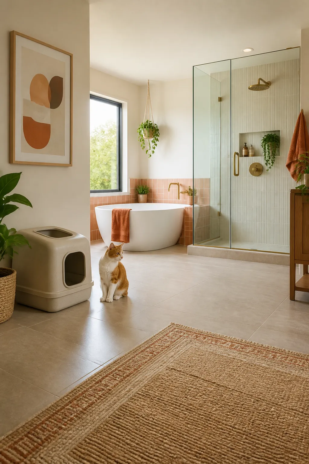Litter box positioned on the dry side of a bathroom, well clear of the shower