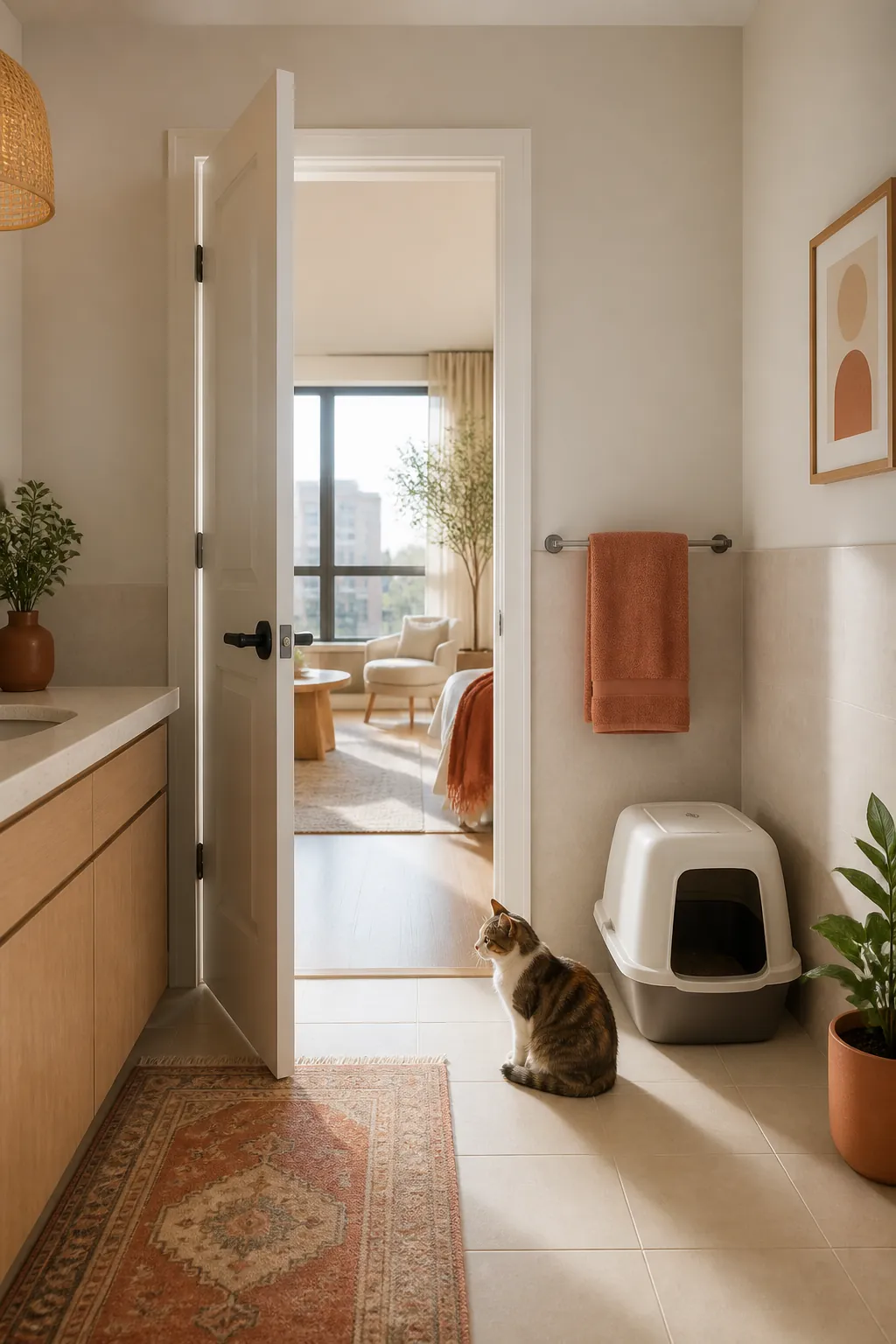 Litter box positioned against a wall clear of the door's swept arc
