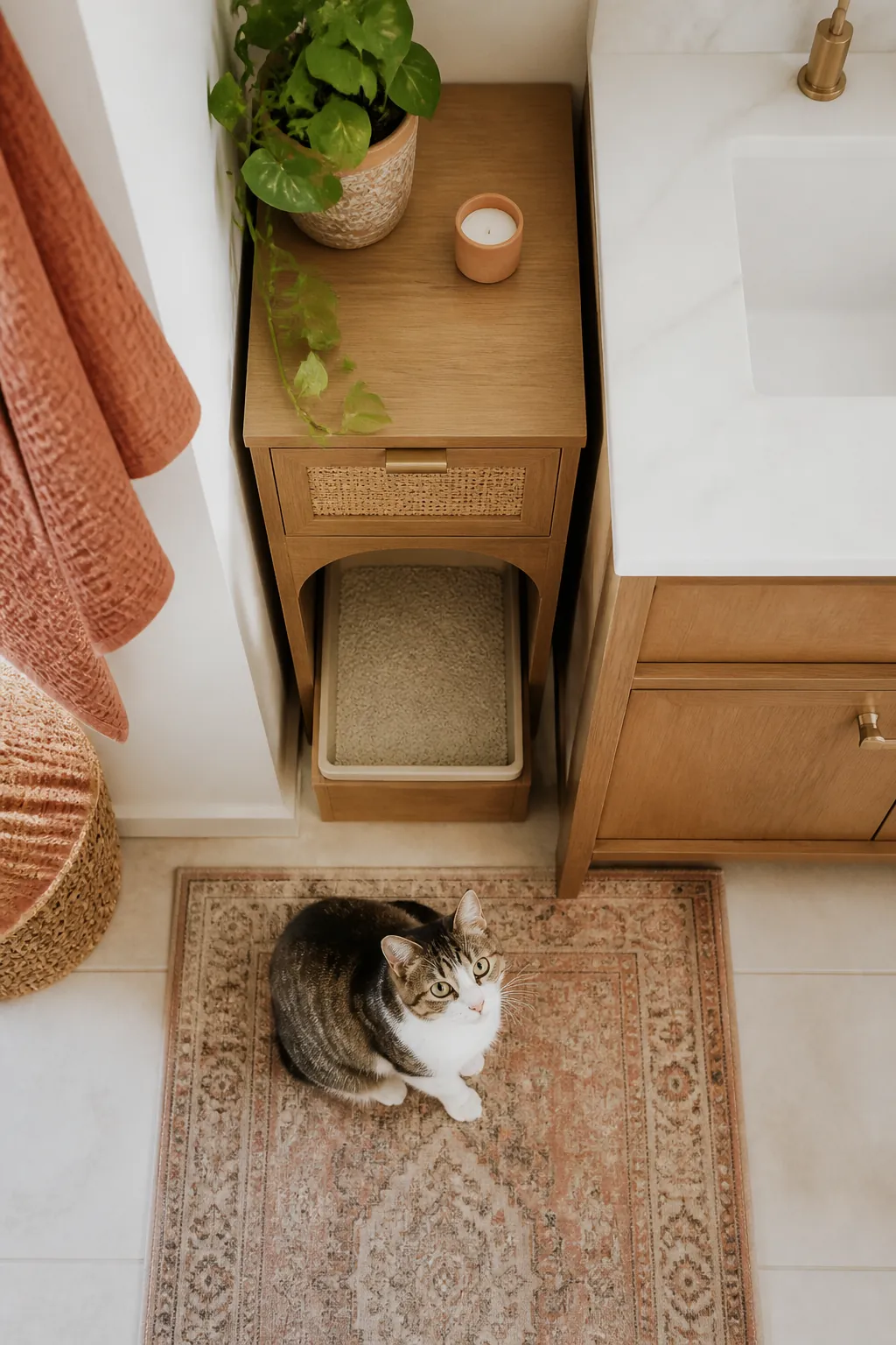 Slim litter enclosure styled as an end table beside a bathroom vanity