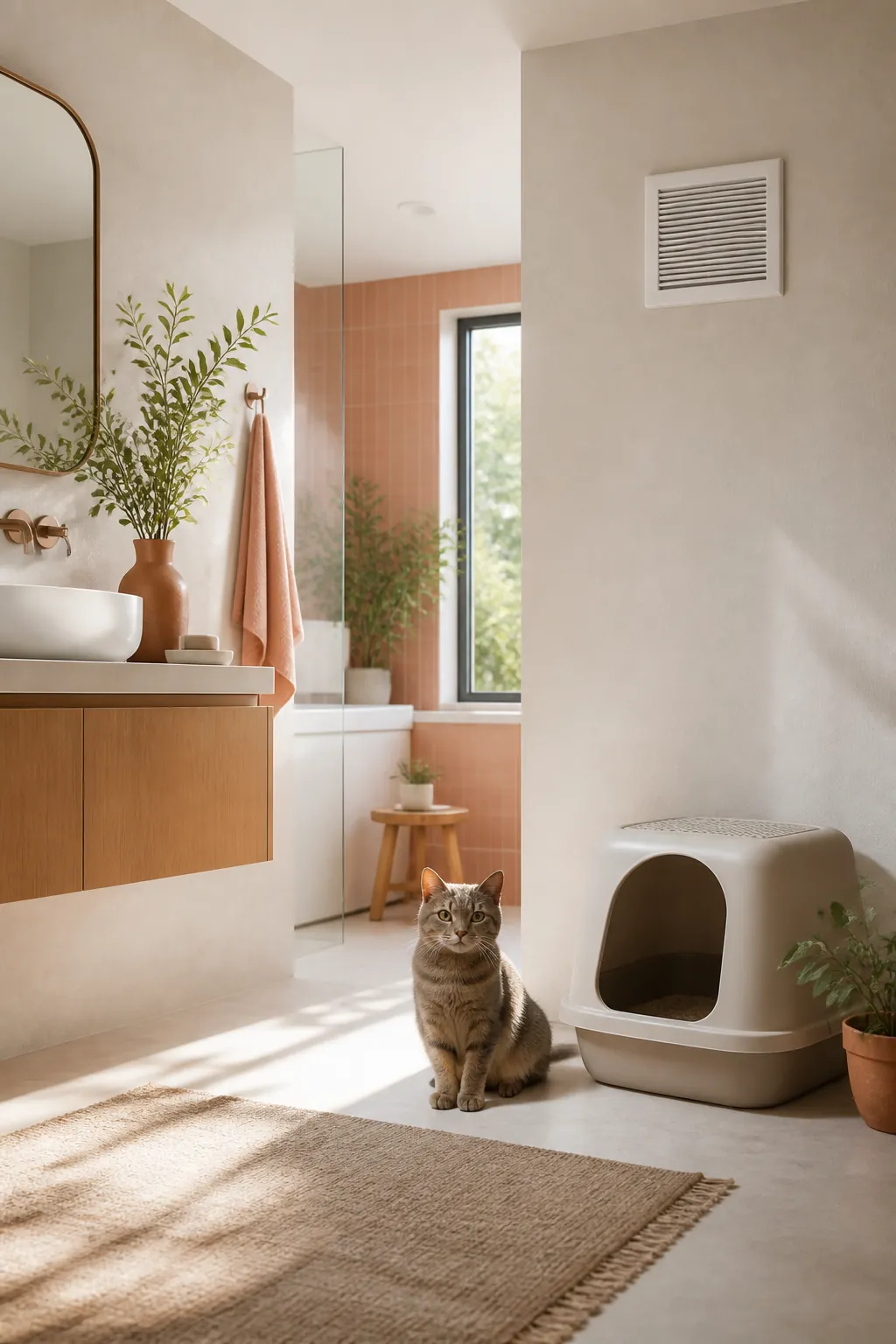 Bathroom extractor fan switch beside a litter box positioned nearby