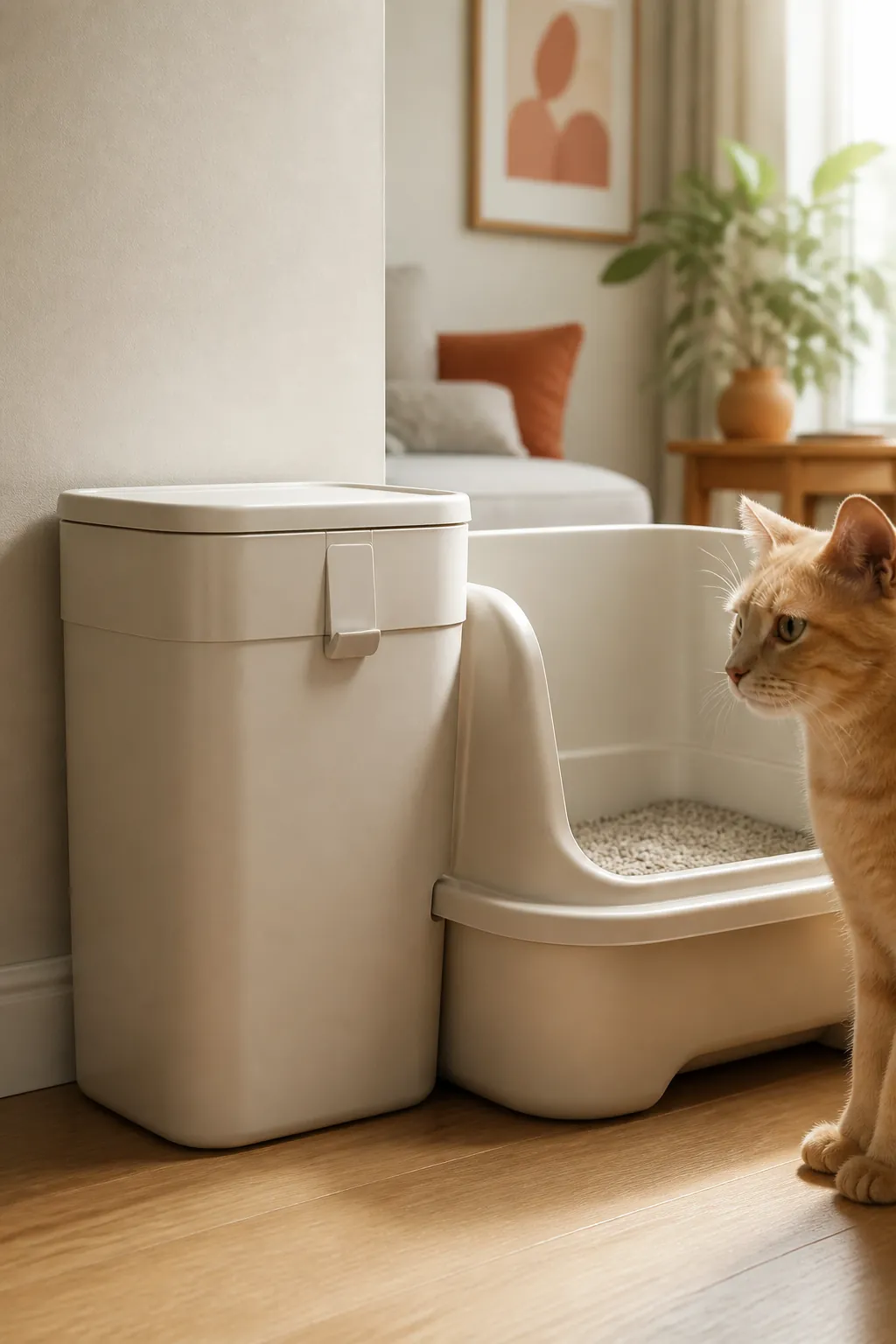 Sealing litter disposal bin standing beside a litter box in a bathroom