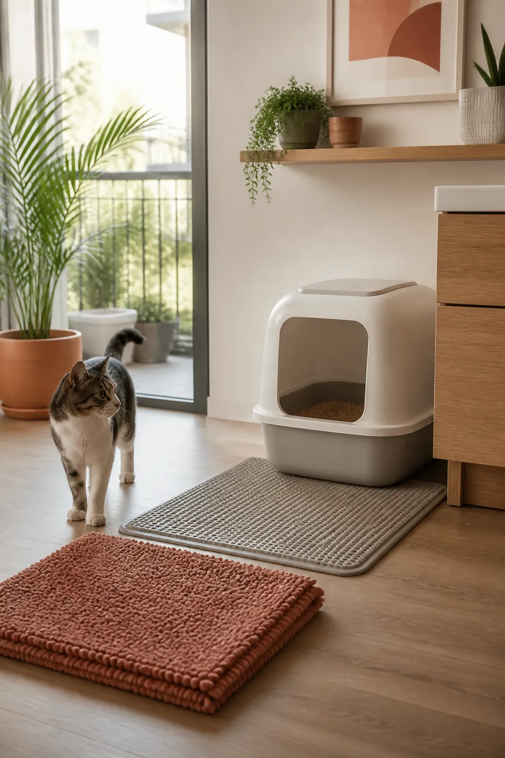 Litter trapping mat placed flush against a litter box exit near a bath mat