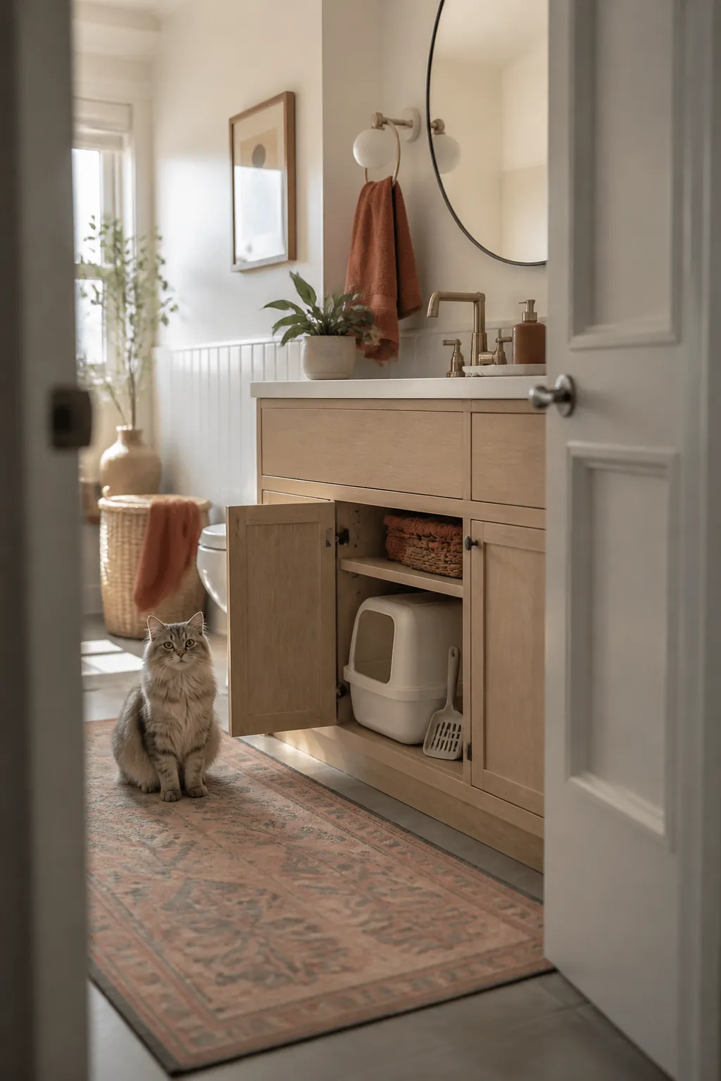 Litter scoop and covered container tucked inside a low vanity cabinet