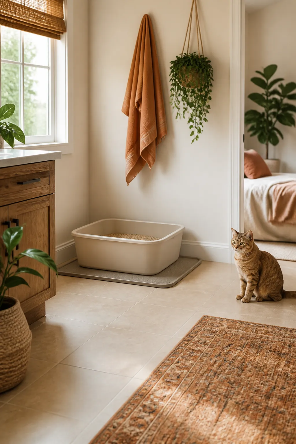 Litter box standing on a waterproof tray on bathroom tile near the baseboard