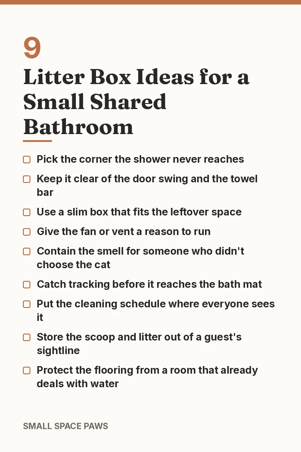 Checklist of every idea in 9 Litter Box Ideas for a Small Shared Bathroom