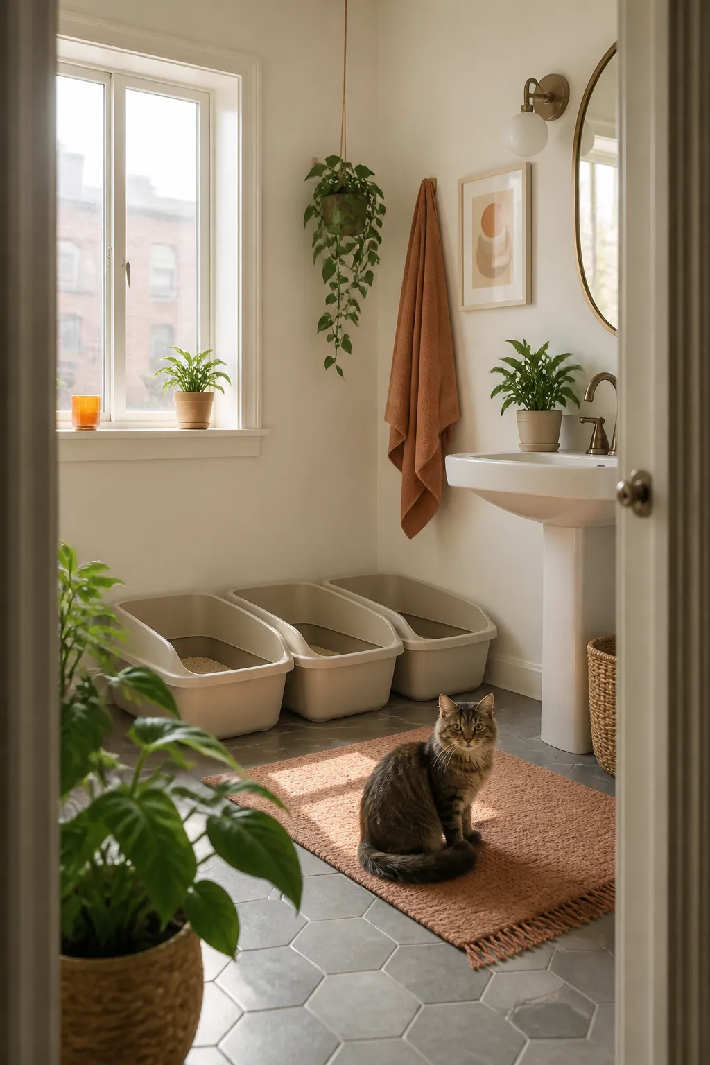 Three standard litter boxes set close together against one bathroom wall in a small apartment.