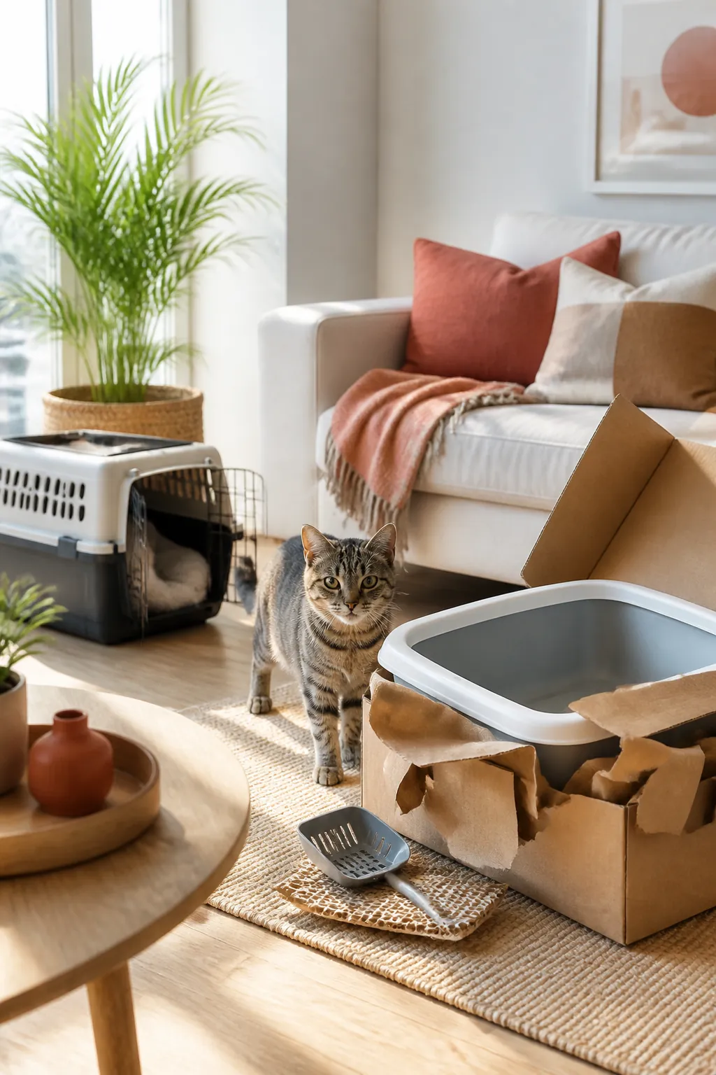 New litter box being unpacked beside a carrier used to bring home a new cat.