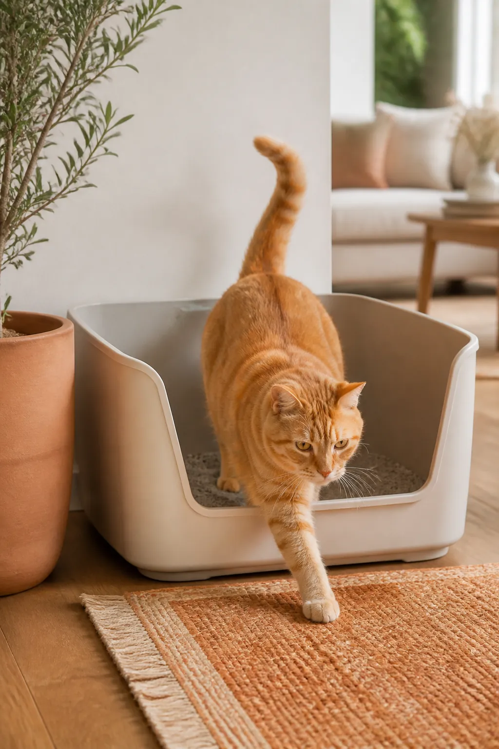 Extra-large low-entry litter box placed in a corner near an older cat's regular resting spot.