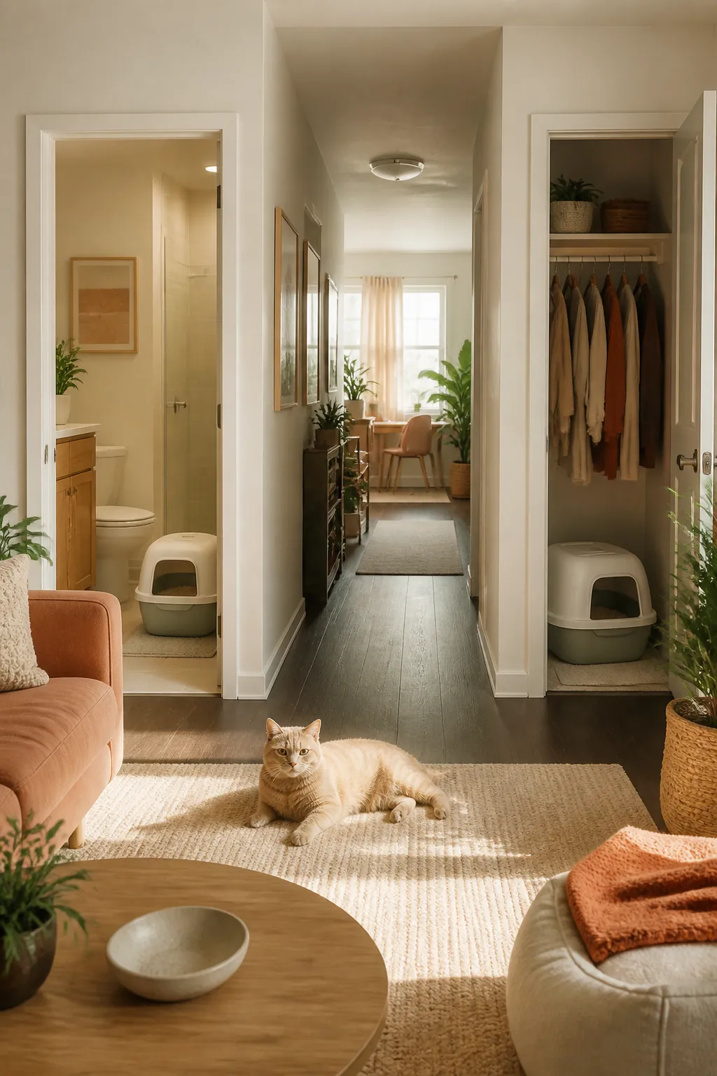 Two litter boxes shown in separate rooms, one in a bathroom and one in a bedroom closet.