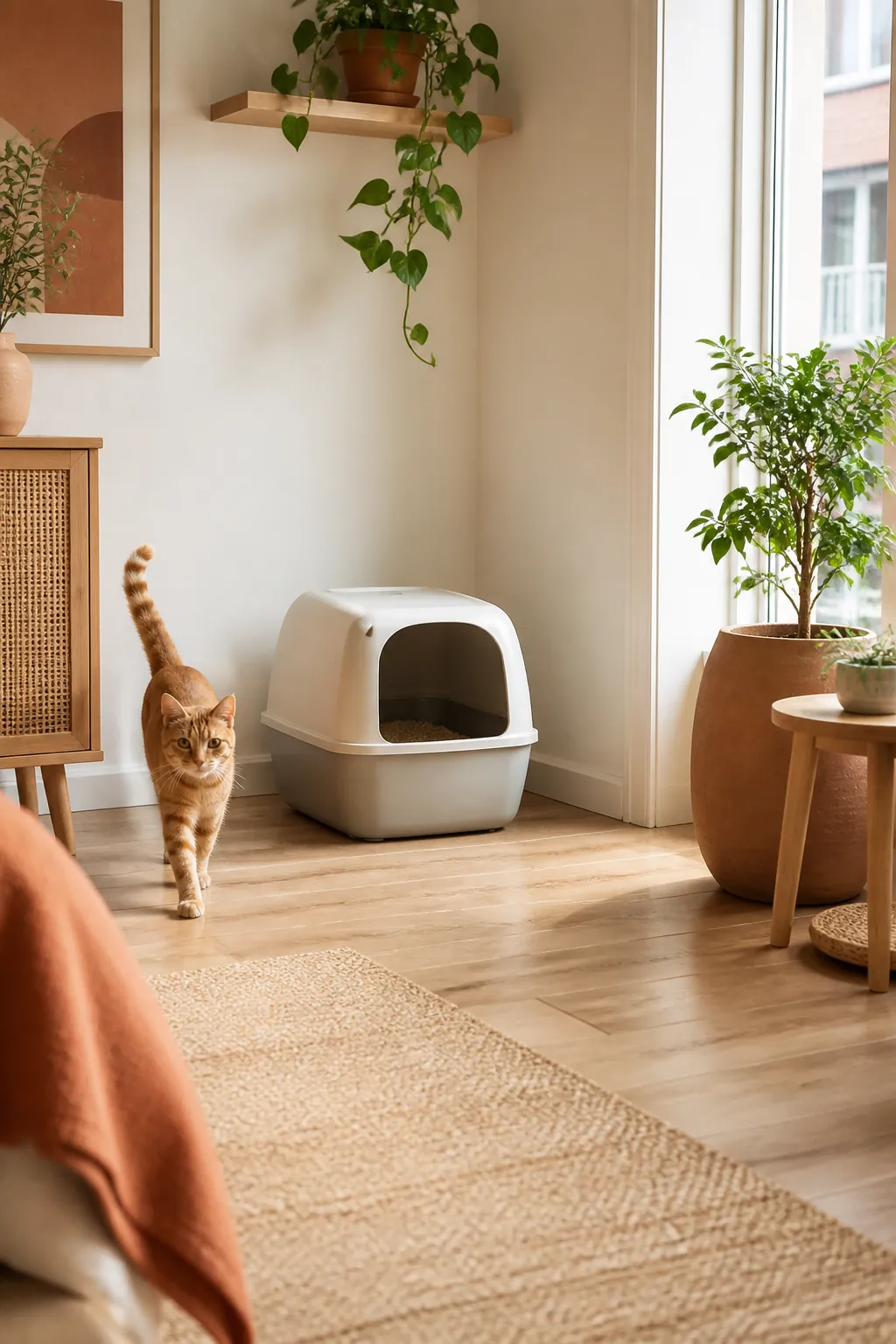 Litter box positioned with open floor space on two sides instead of a tight corner.