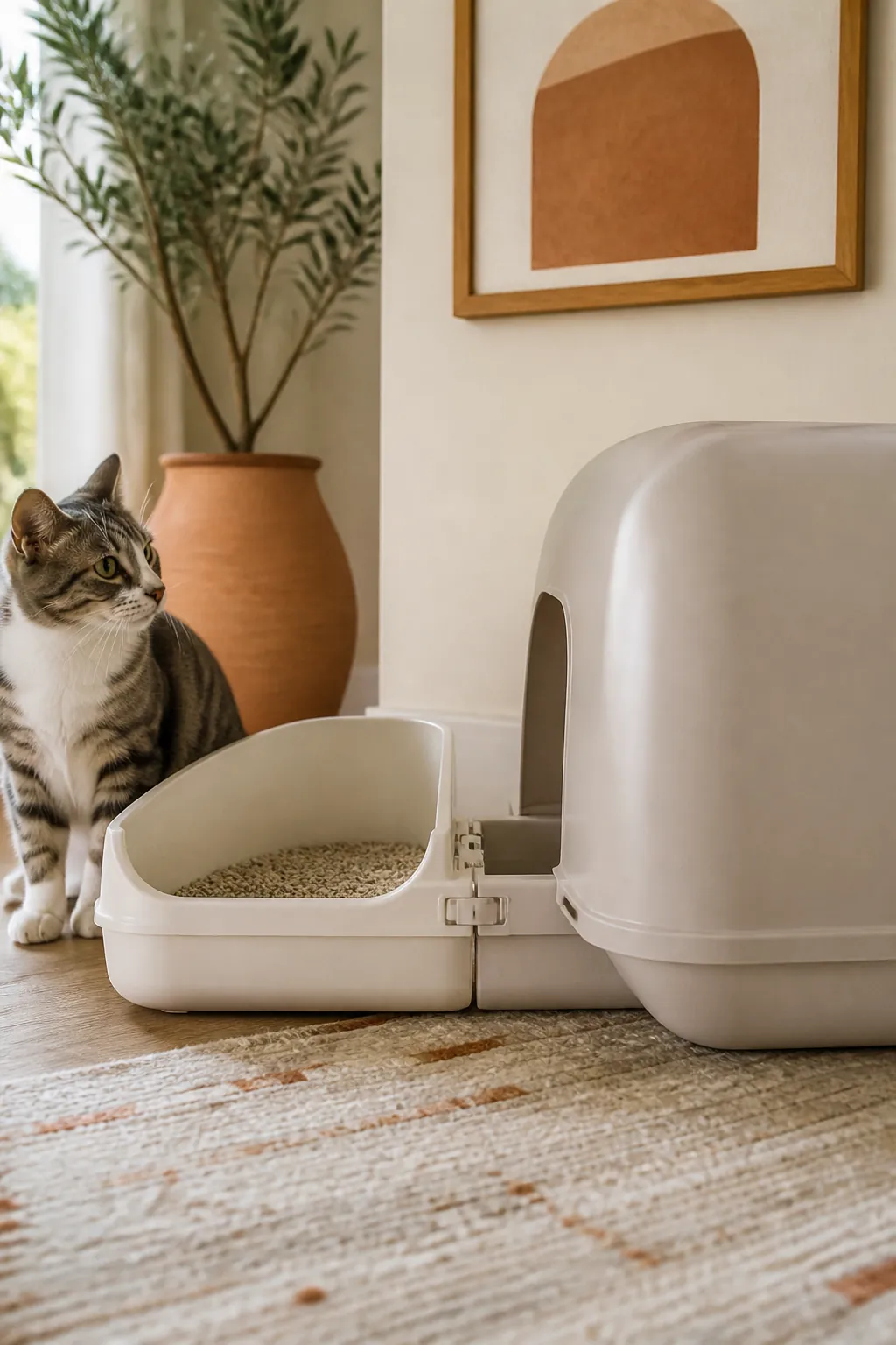 Open low-sided litter box beside an unused hooded litter box with its entrance visible.