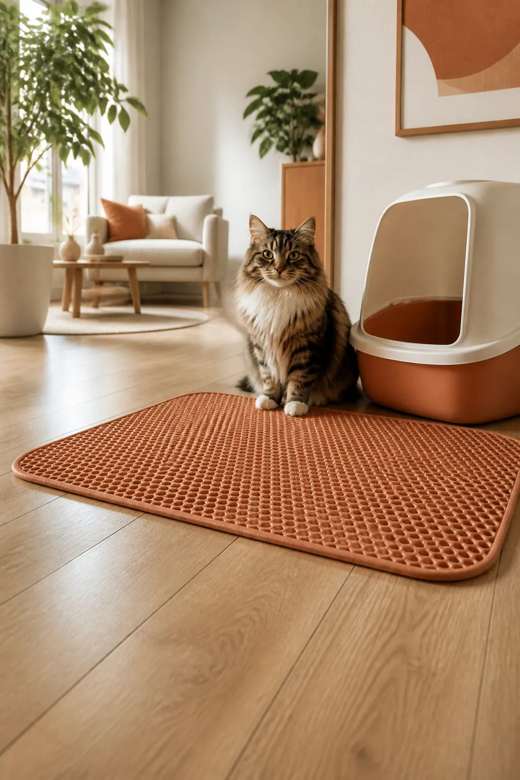 Litter trapping mat laid flat in front of a hooded litter box, a cat sitting on it