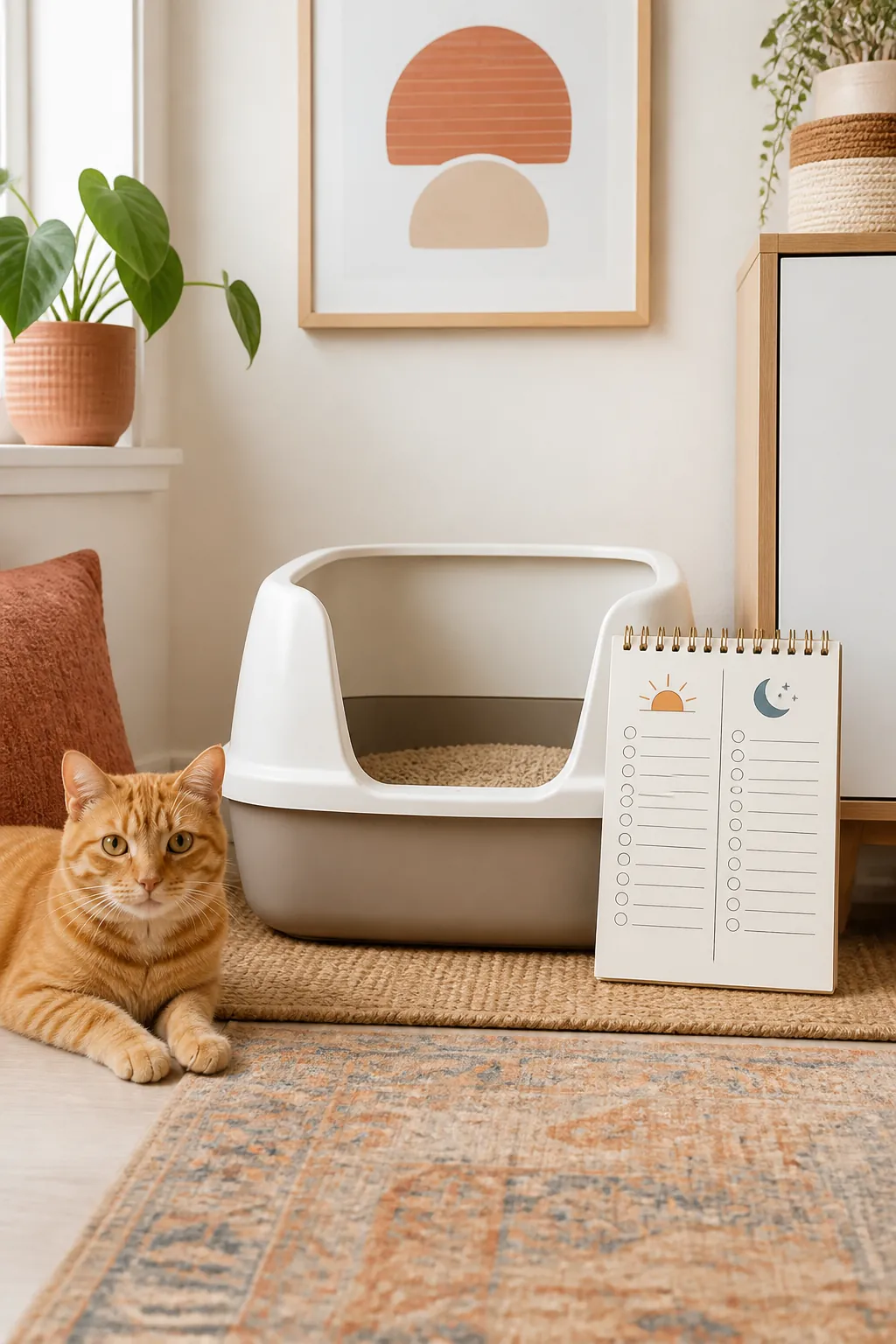Notepad beside a litter box listing separate morning and evening scooping times.