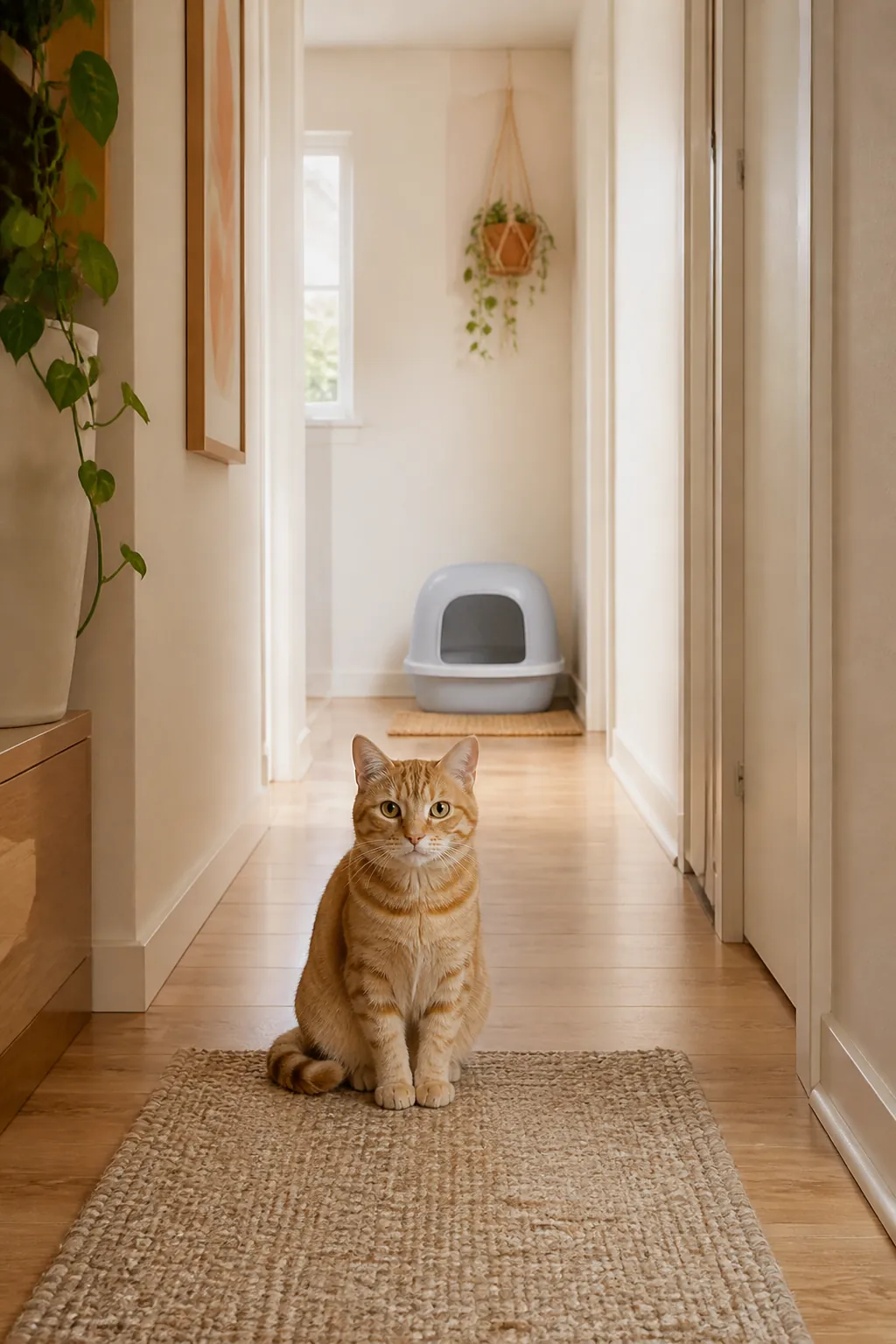 Cat sitting in a narrow hallway blocking the approach to a litter box further down.