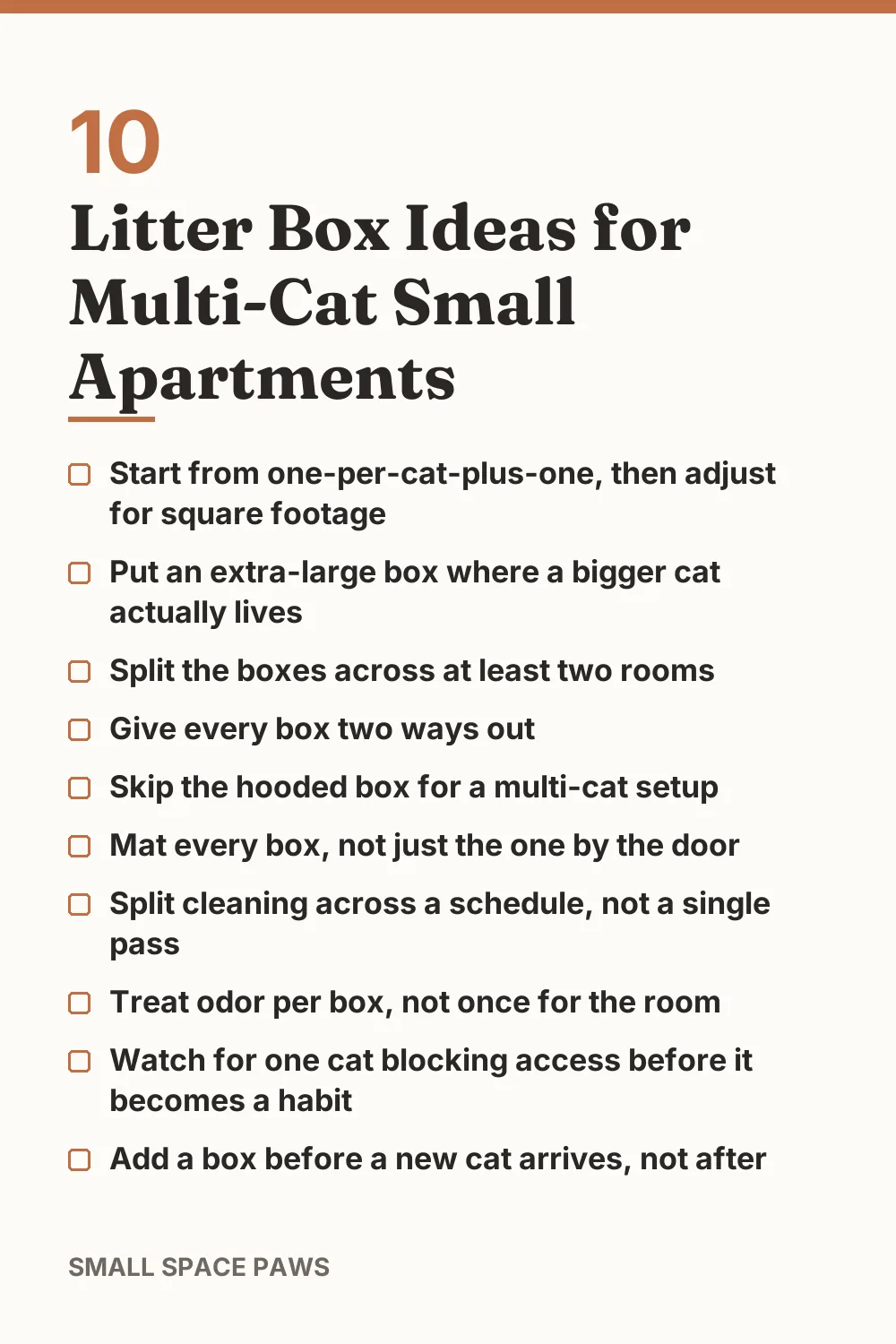 Checklist of every idea in 10 Litter Box Ideas for Multi-Cat Small Apartments