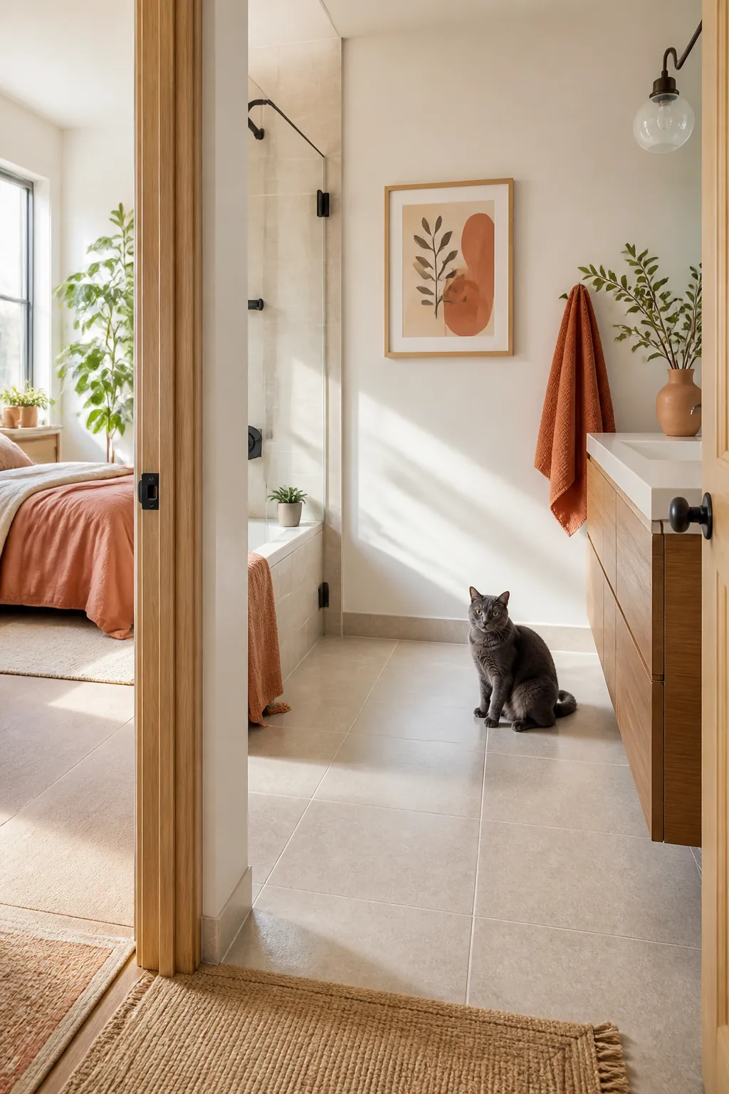 Empty bathroom corner with hard tile flooring beside an open doorway