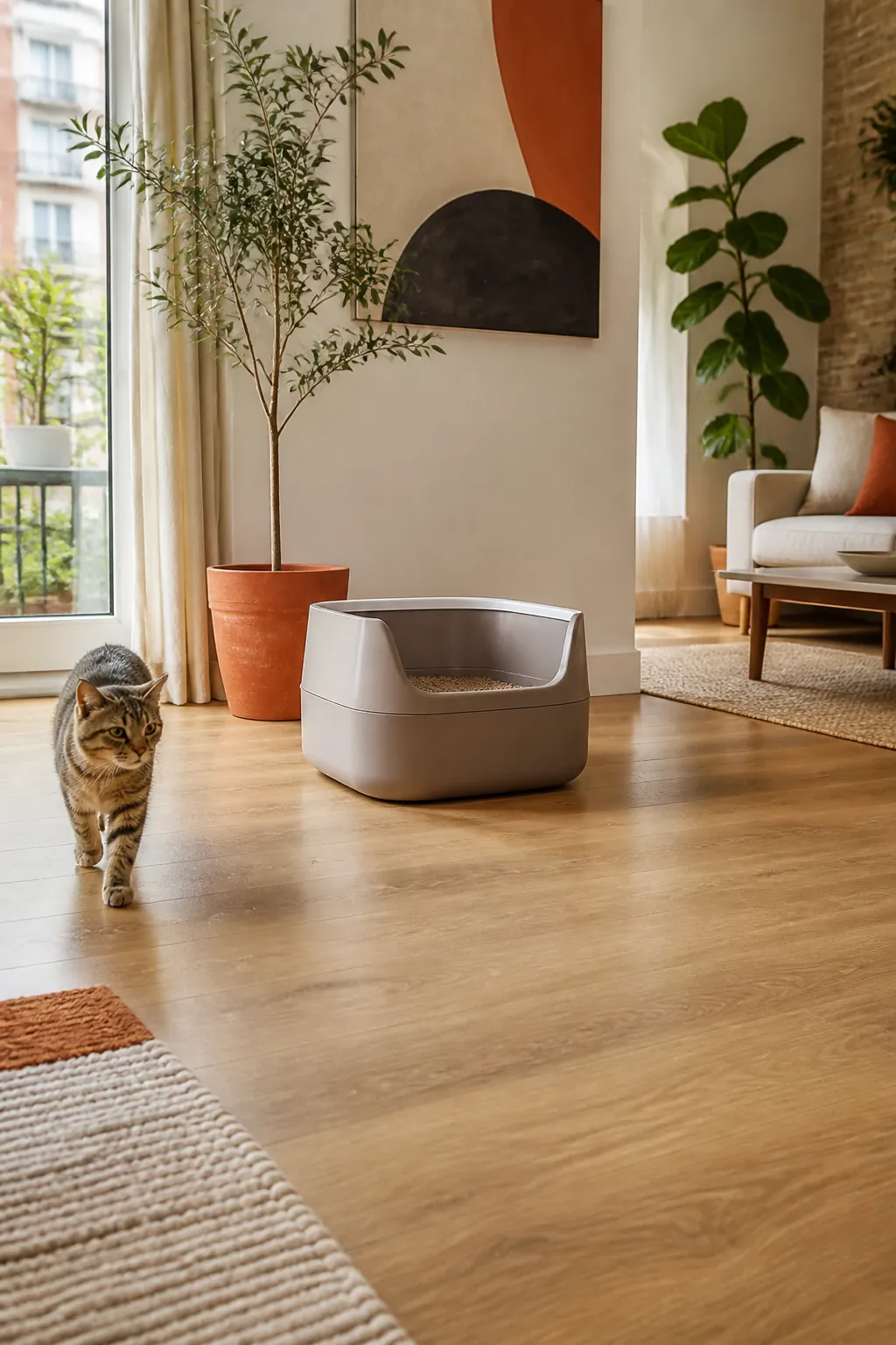 Litter box sitting clear of a wall with open floor on both sides