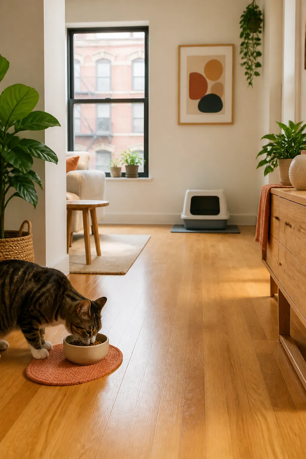 Food bowl at one end of a room and a litter box at the far opposite end