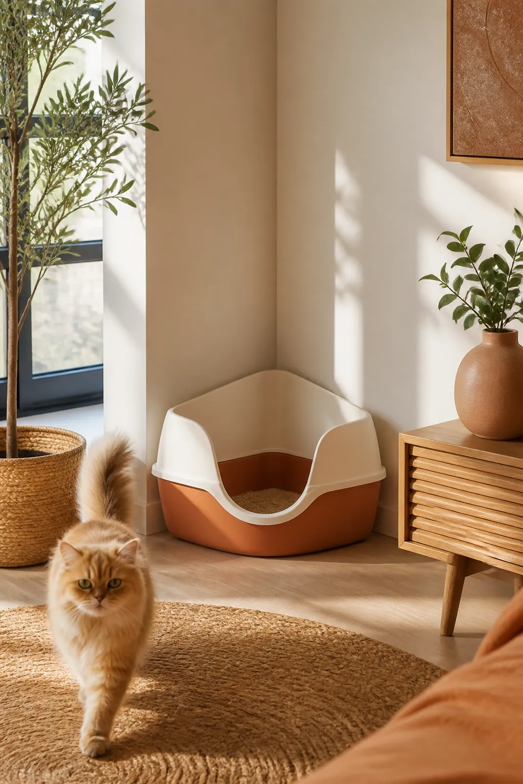 Triangular high-backed litter box fitted into the angle of two walls
