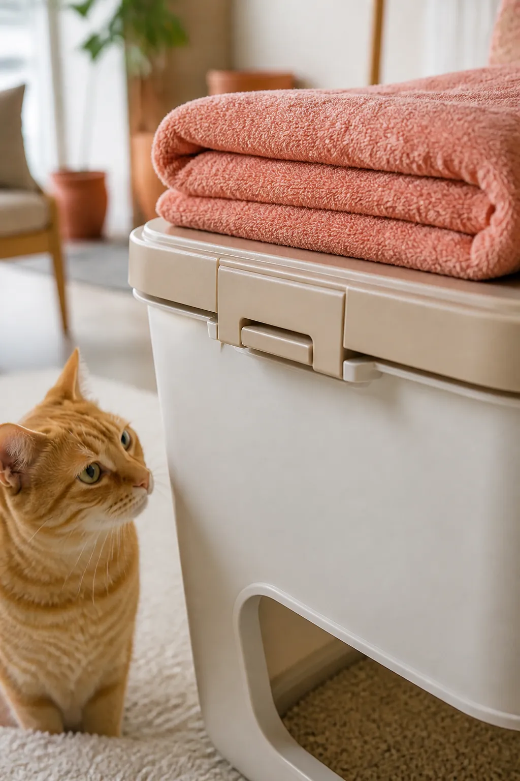 Top-entry litter box with a folded towel stacked on its flat lid