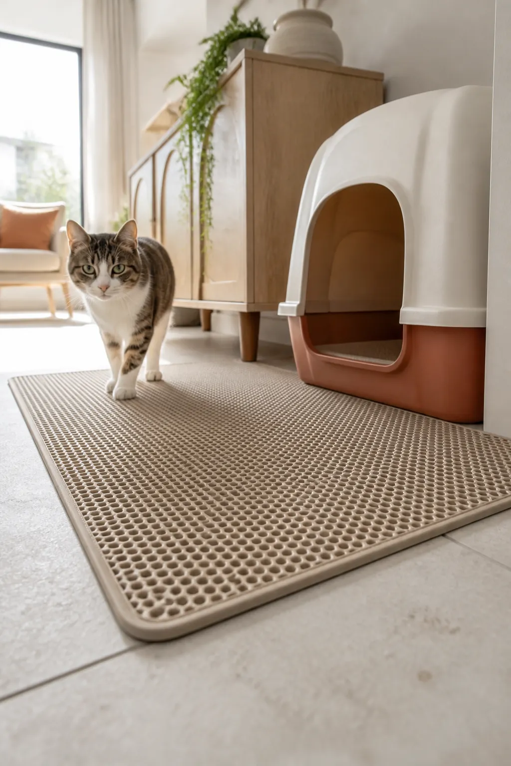 Large trapping mat laid flush against a litter box exit on tile flooring